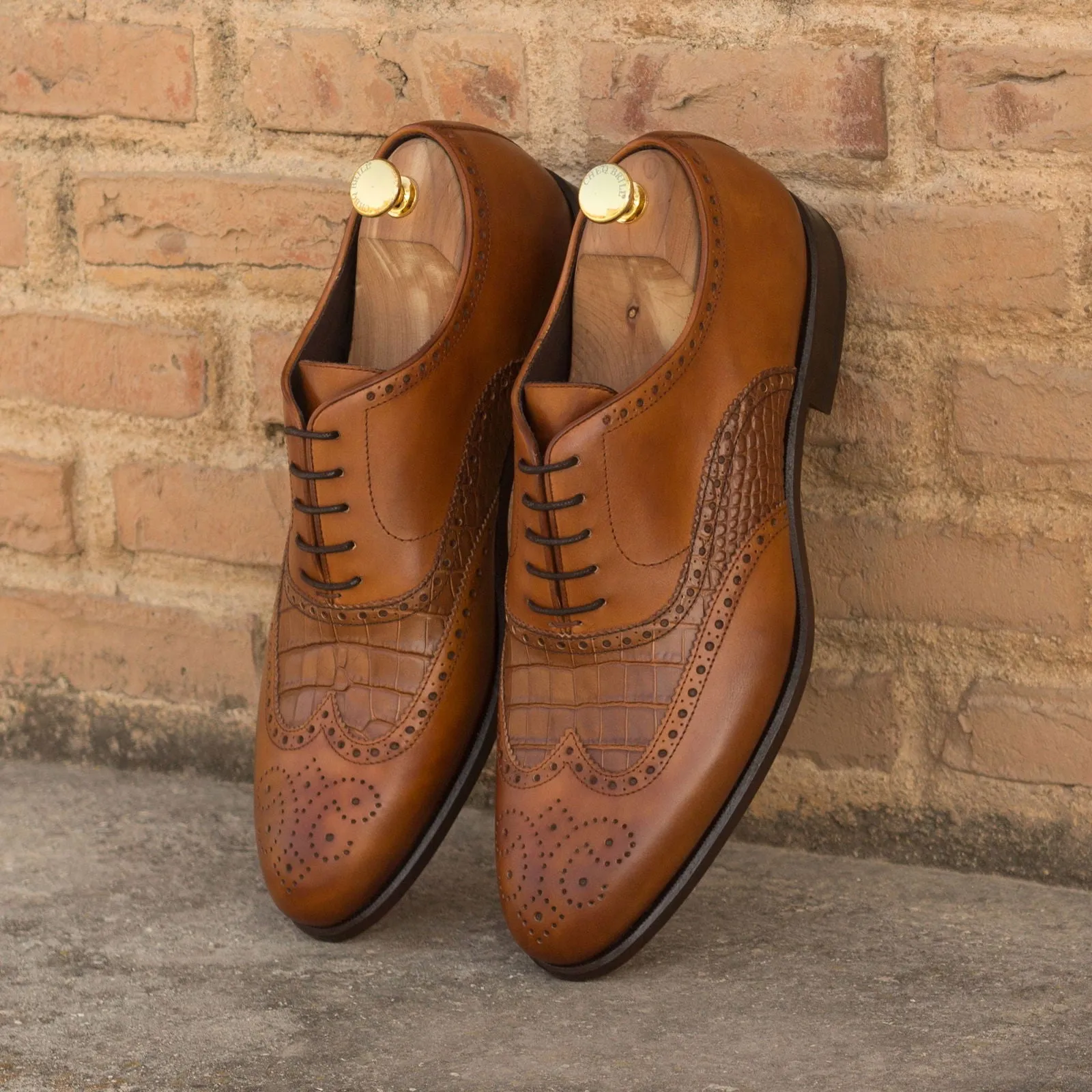 Men's Full Brogue Leather Shoes Wide Plus Size Brown 5450