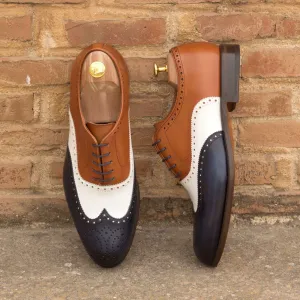 Men's Full Brogue Leather Shoes Wide Plus Size White Brown 2652