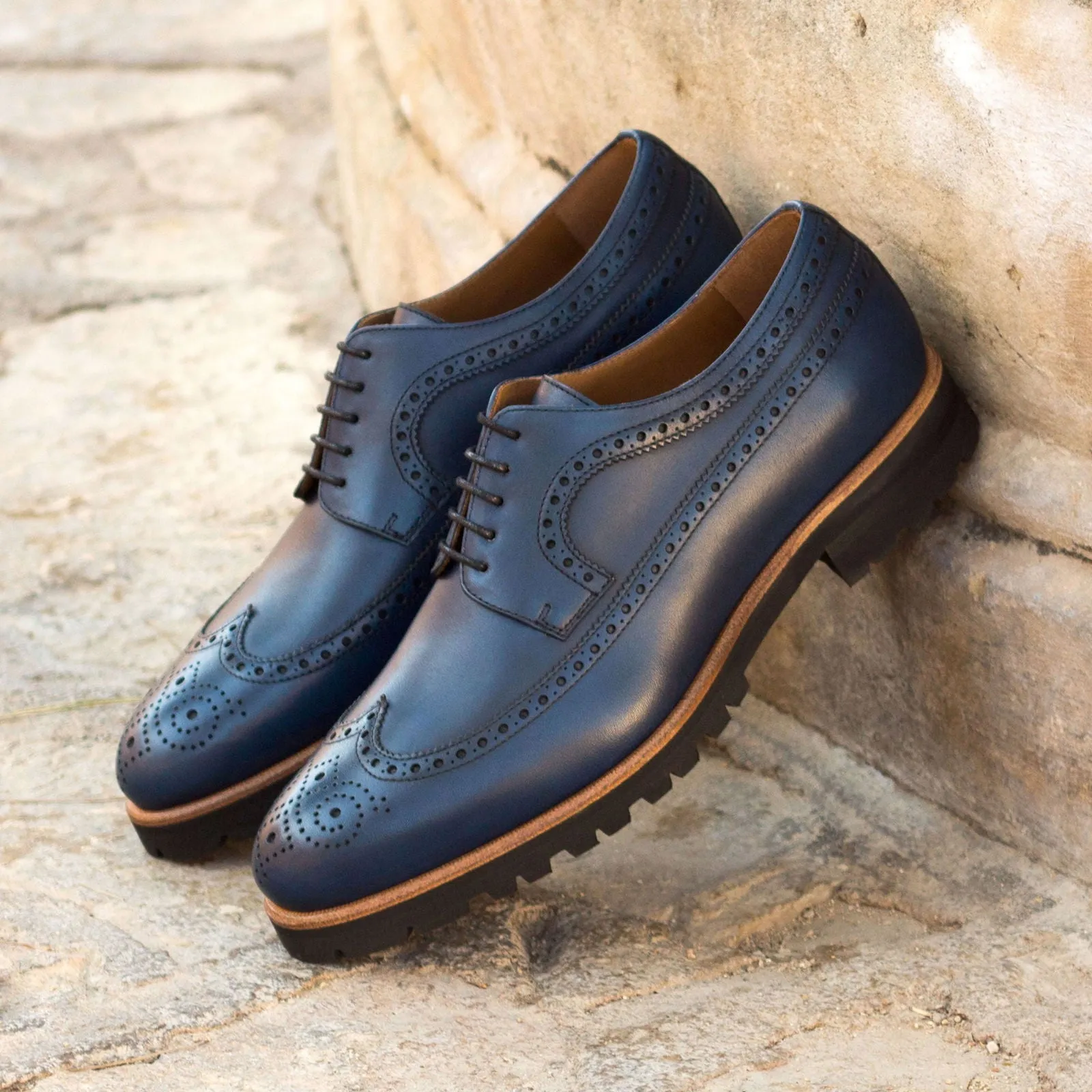 Men's Longwing Blucher Leather Shoes Wide Plus Size Blue 3168