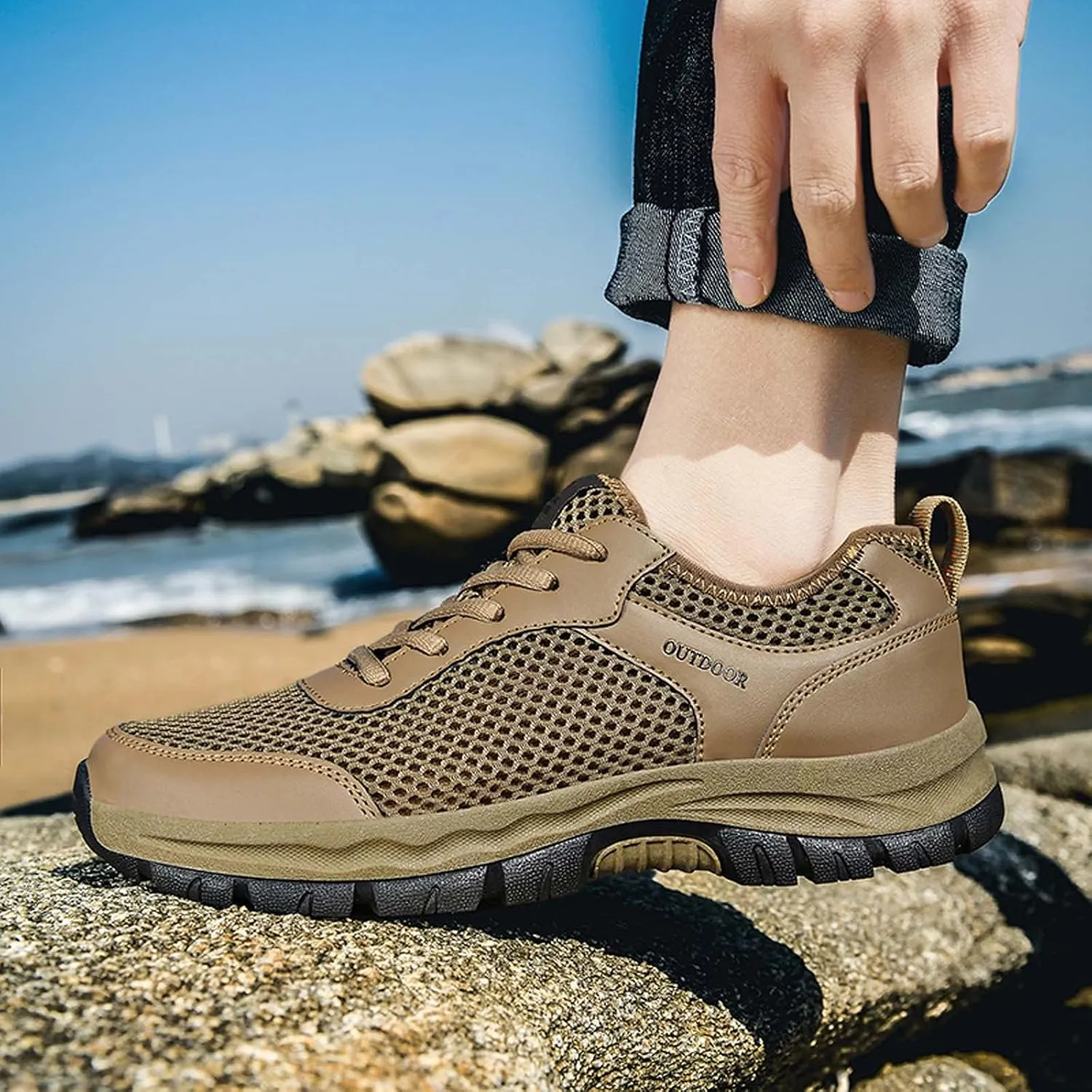 Mens Outdoor Shoes Summer with Ultra Breathable Mesh,Arch Support Cushion Running Shoes for Men,Quick-Dry Thick Sole Non-Slip Sneakers Casual Black Fitness Shoe Men with Durable Sole
