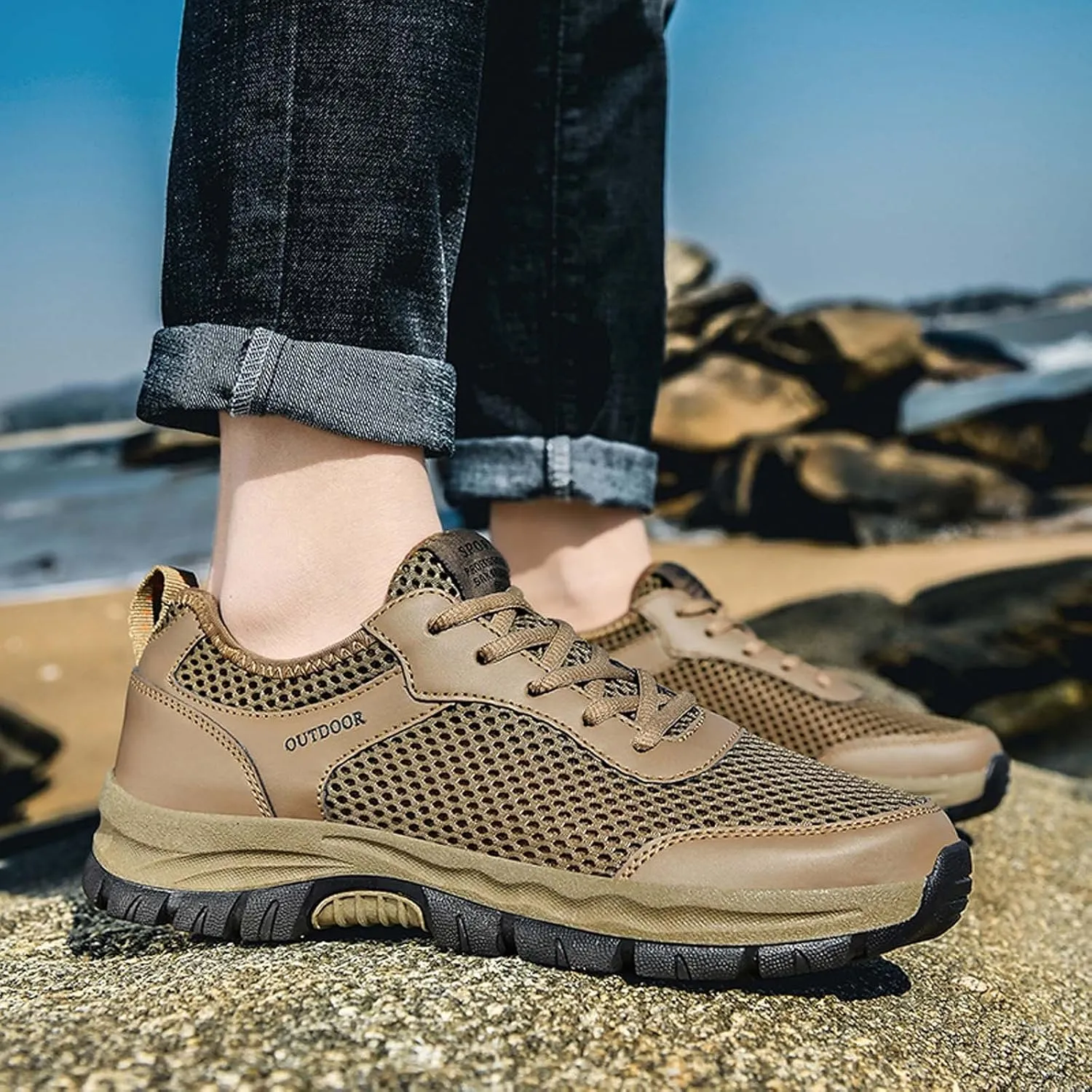 Mens Outdoor Shoes Summer with Ultra Breathable Mesh,Arch Support Cushion Running Shoes for Men,Quick-Dry Thick Sole Non-Slip Sneakers Casual Black Fitness Shoe Men with Durable Sole