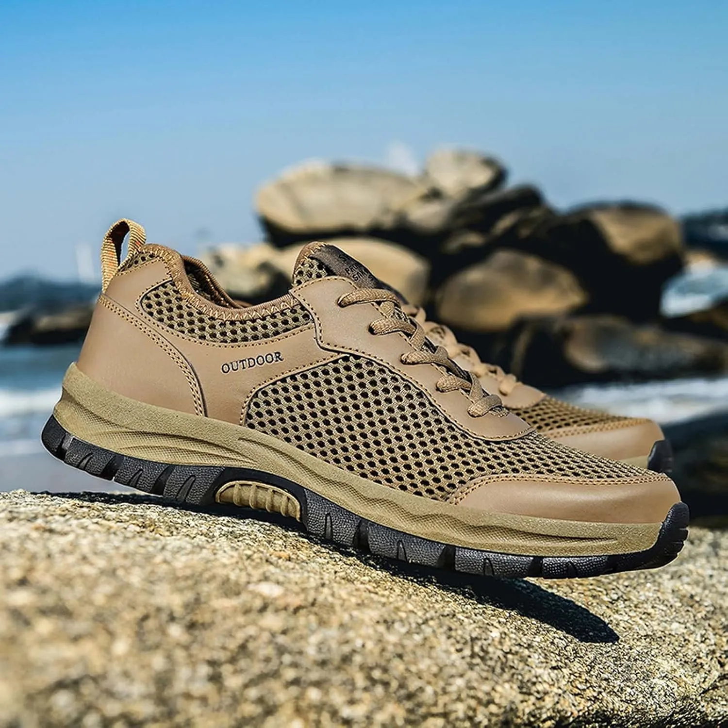 Mens Outdoor Shoes Summer with Ultra Breathable Mesh,Arch Support Cushion Running Shoes for Men,Quick-Dry Thick Sole Non-Slip Sneakers Casual Black Fitness Shoe Men with Durable Sole