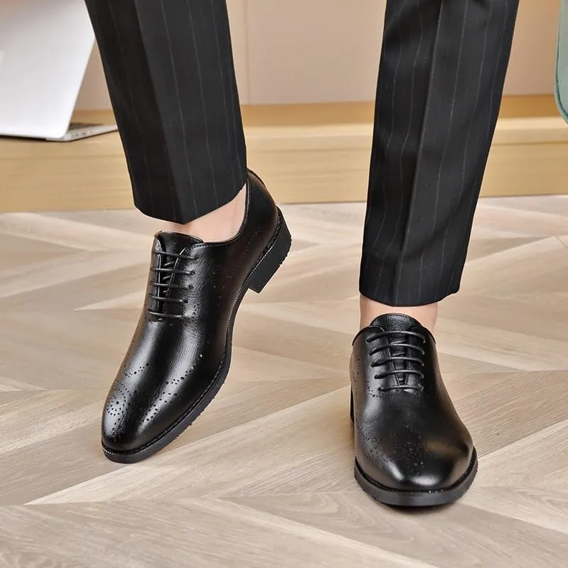 Mens Oxford Dress Shoes, Waterproof Leather Lace-Up Brogue Non-Slip Rubber Sole Low Top Formal Business Office Shoes Comfortable Durable for Work
