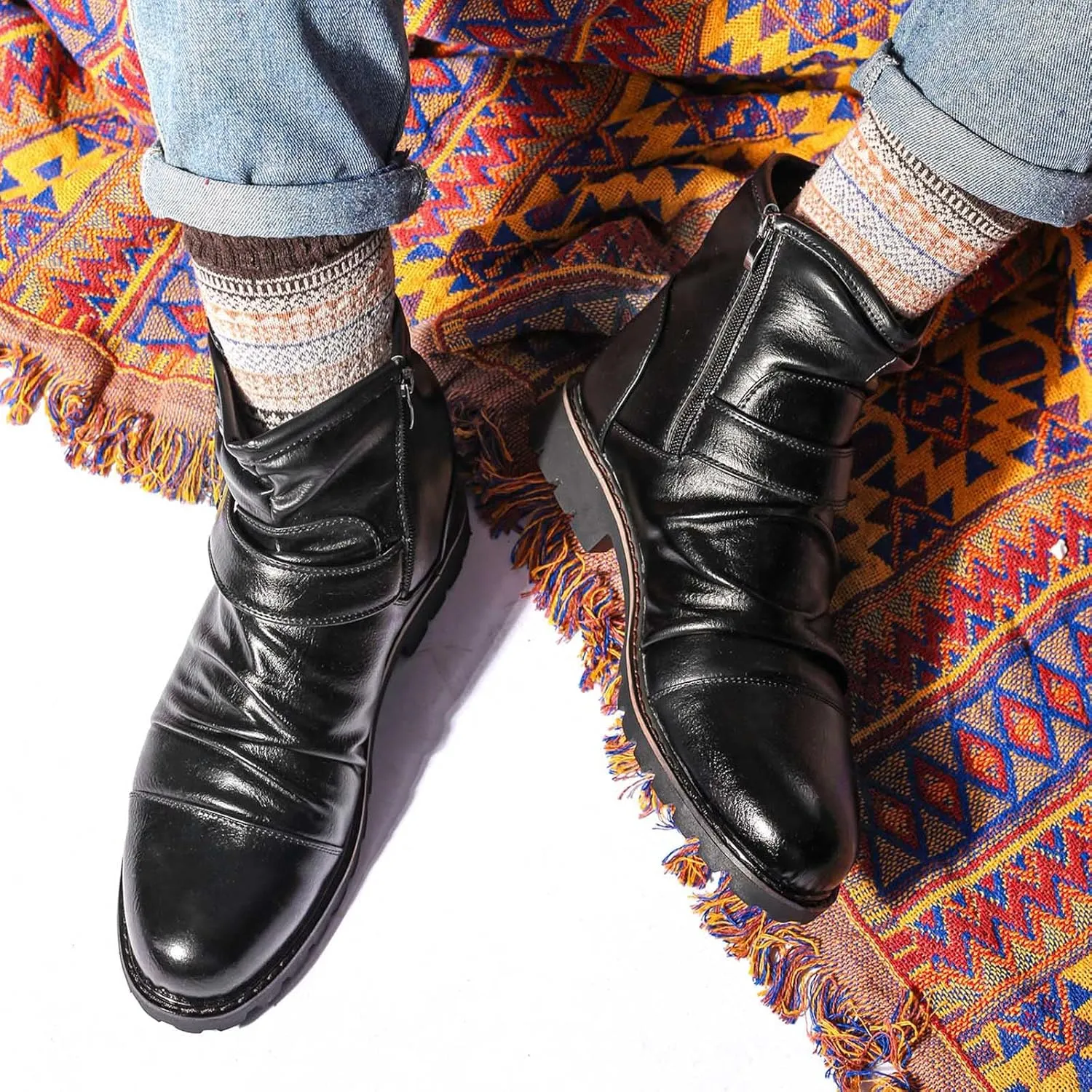 Mens Retro Ankle Boots with Double Buckle Strap Cool Leather Boots with Arch Support Men Round Toe High Top Dress Shoes Non Slip Comfortable Motorcycle Shoes Waterproof Durable Leather Shoe