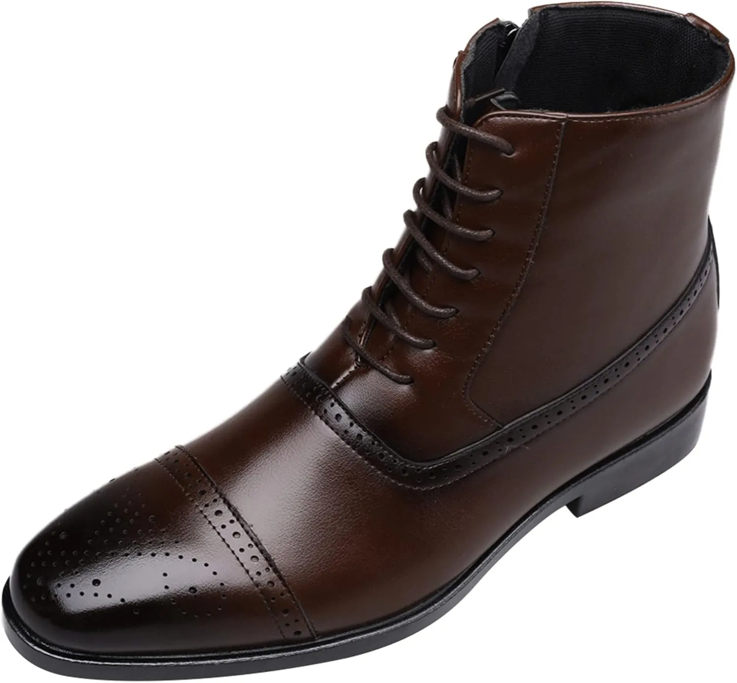 Mens Retro Brown Leather Boots with Side Zipper Breathable Dress Boots for Men High Top Matte Leather Shoes Comfrotable Lace up Formal Shoes Elegant Dating Shoe Men Durable Motorcycle Shoe