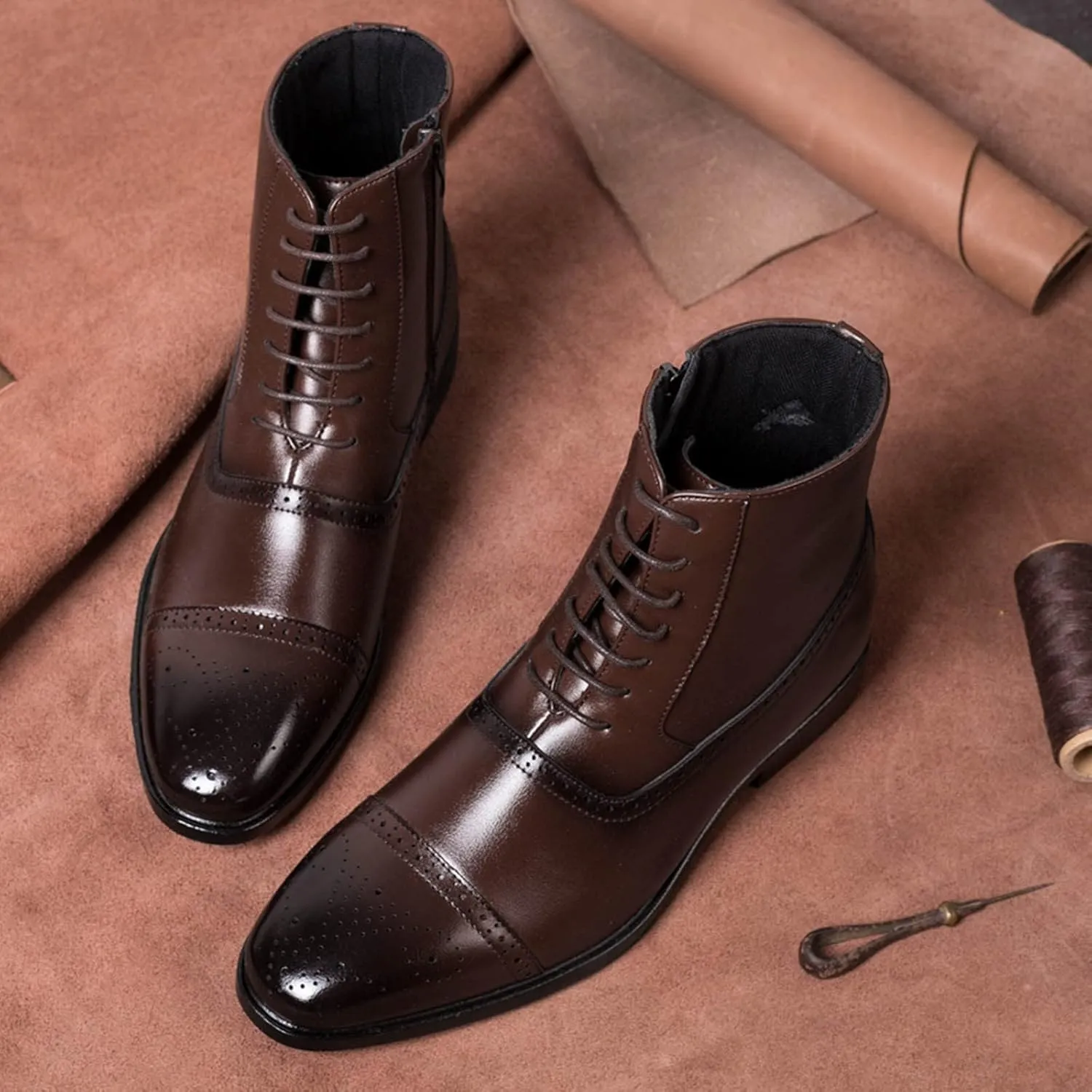 Mens Retro Brown Leather Boots with Side Zipper Breathable Dress Boots for Men High Top Matte Leather Shoes Comfrotable Lace up Formal Shoes Elegant Dating Shoe Men Durable Motorcycle Shoe