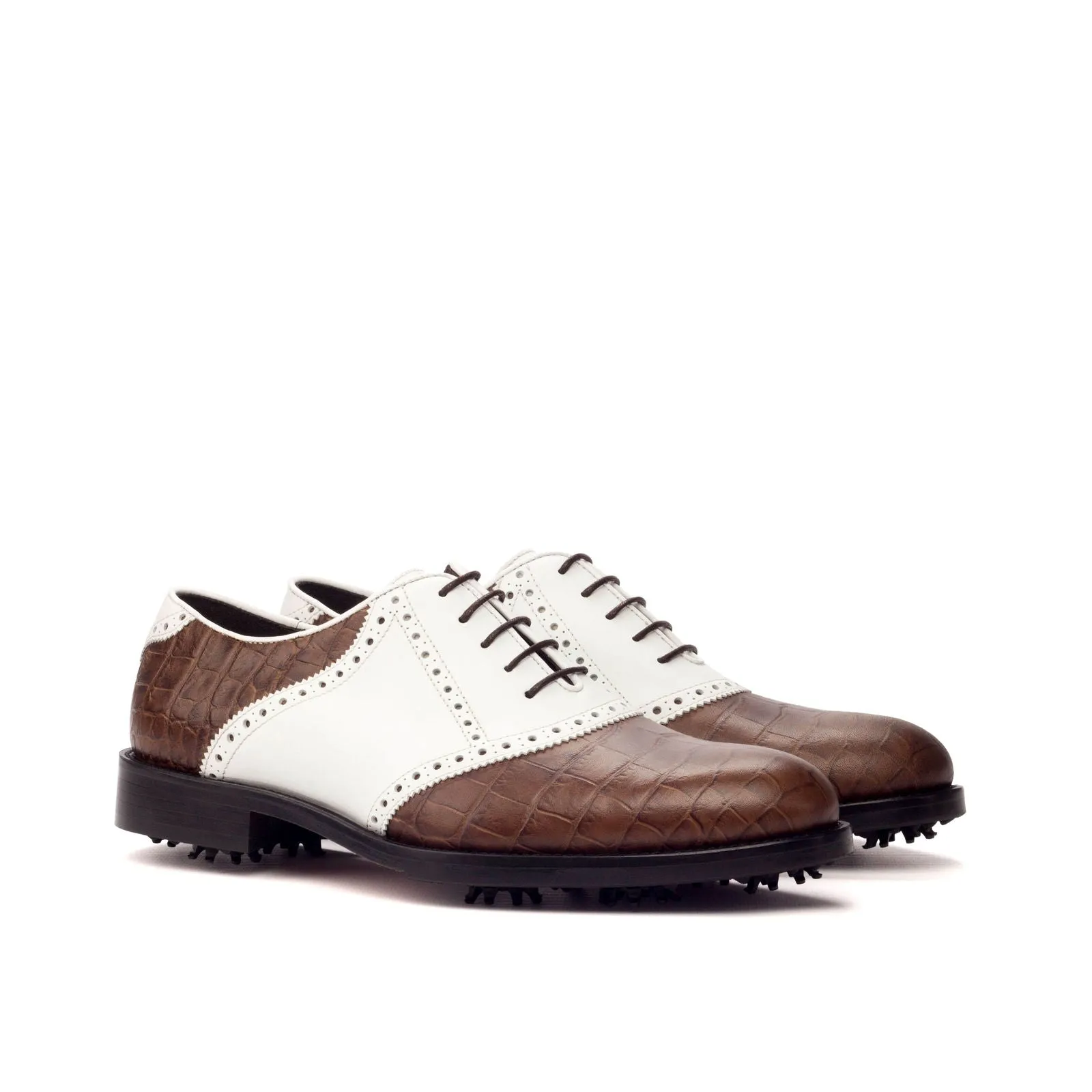 Men's Saddle Golf Leather Shoes Wide Plus Size Brown White 3393