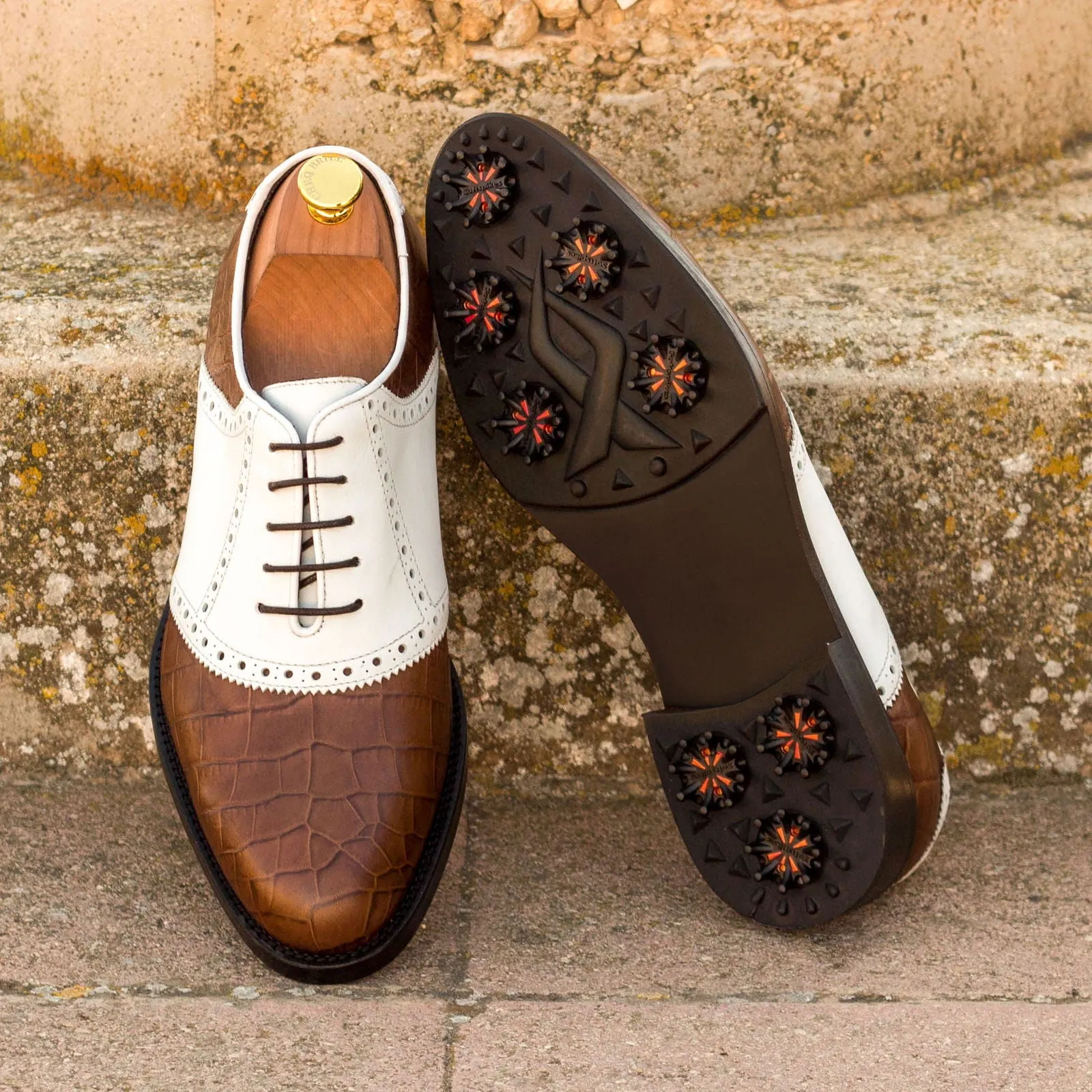 Men's Saddle Golf Leather Shoes Wide Plus Size Brown White 3393