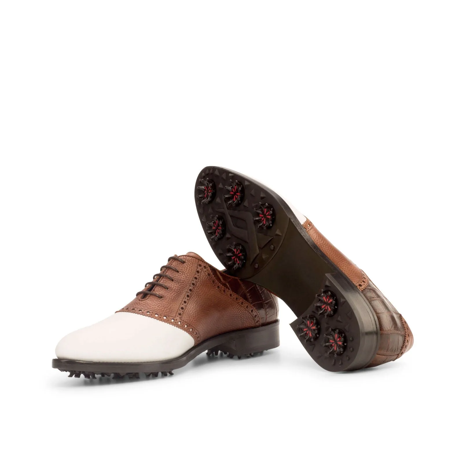 Men's Saddle Golf Leather Shoes Wide Plus Size Brown White 3723