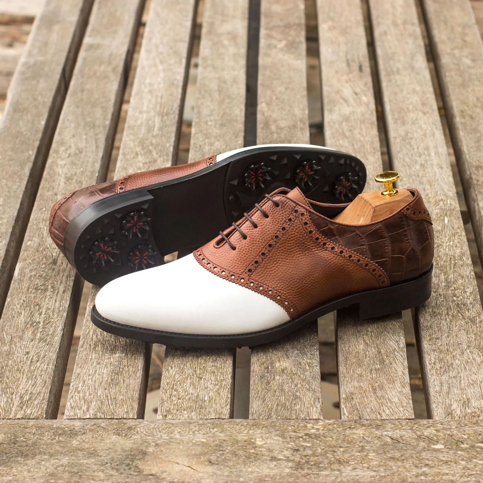 Men's Saddle Golf Leather Shoes Wide Plus Size Brown White 3723