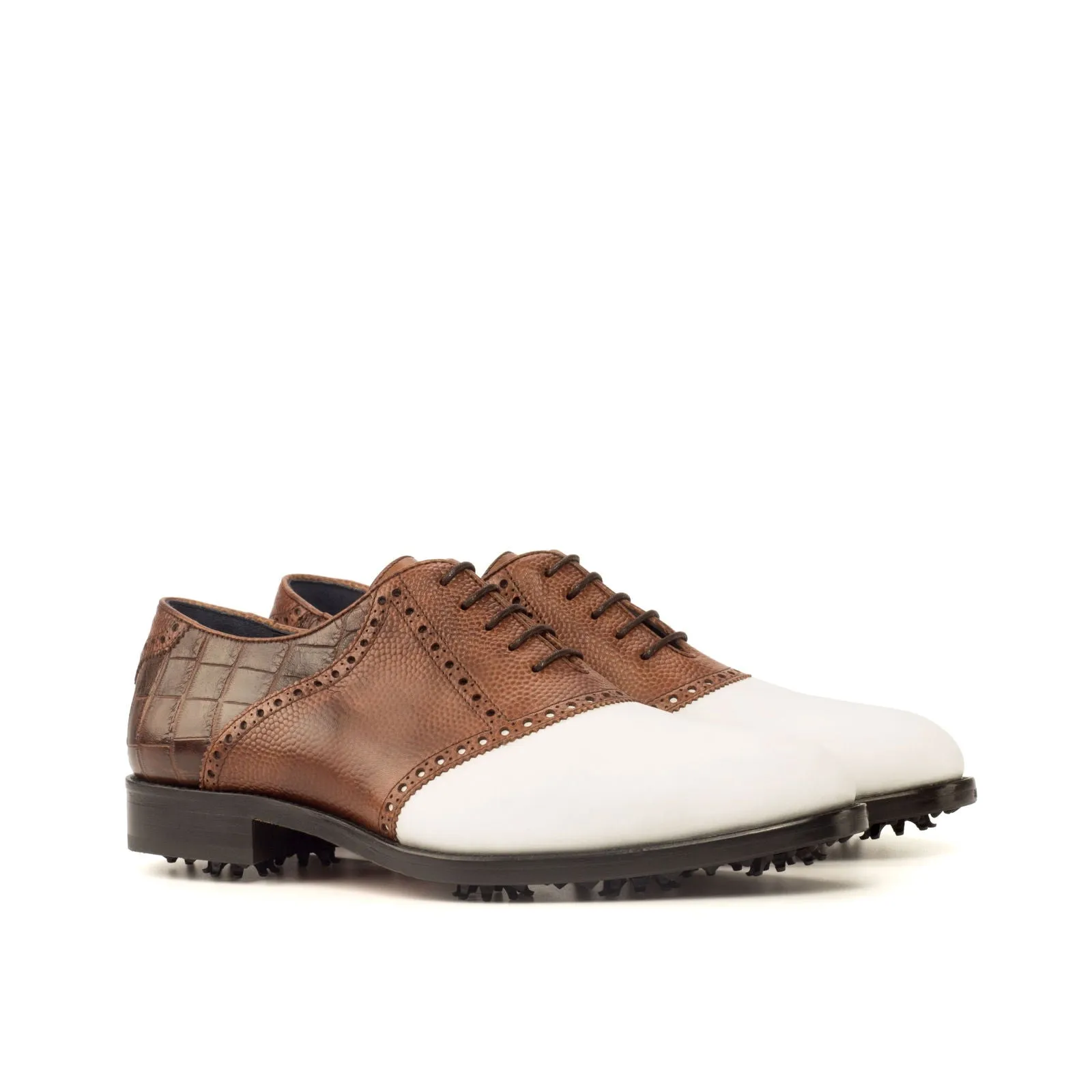 Men's Saddle Golf Leather Shoes Wide Plus Size Brown White 3723