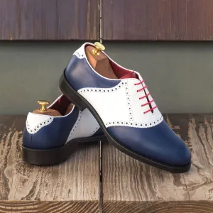 Men's Saddle Golf Leather Shoes Wide Plus Size White Blue 3815