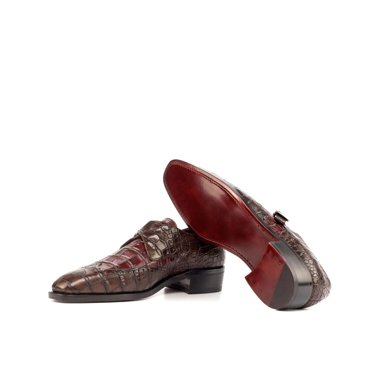 Men's Single Monk Leather Shoes Goodyear Welt Wide Plus Size Brown Burgundy 4597