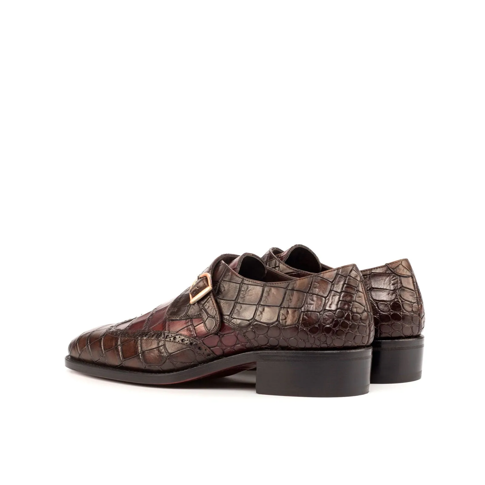 Men's Single Monk Leather Shoes Goodyear Welt Wide Plus Size Brown Burgundy 4597