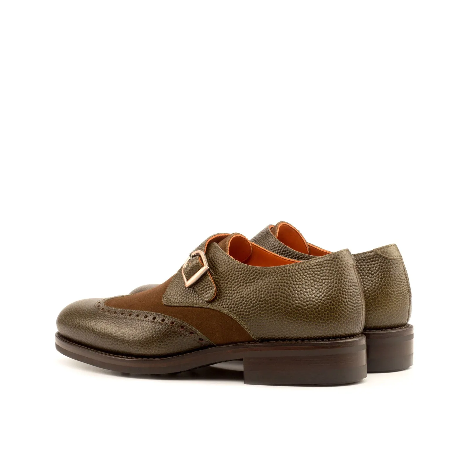 Men's Single Monk Leather Shoes Goodyear Welt Wide Plus Size Brown Green 4022