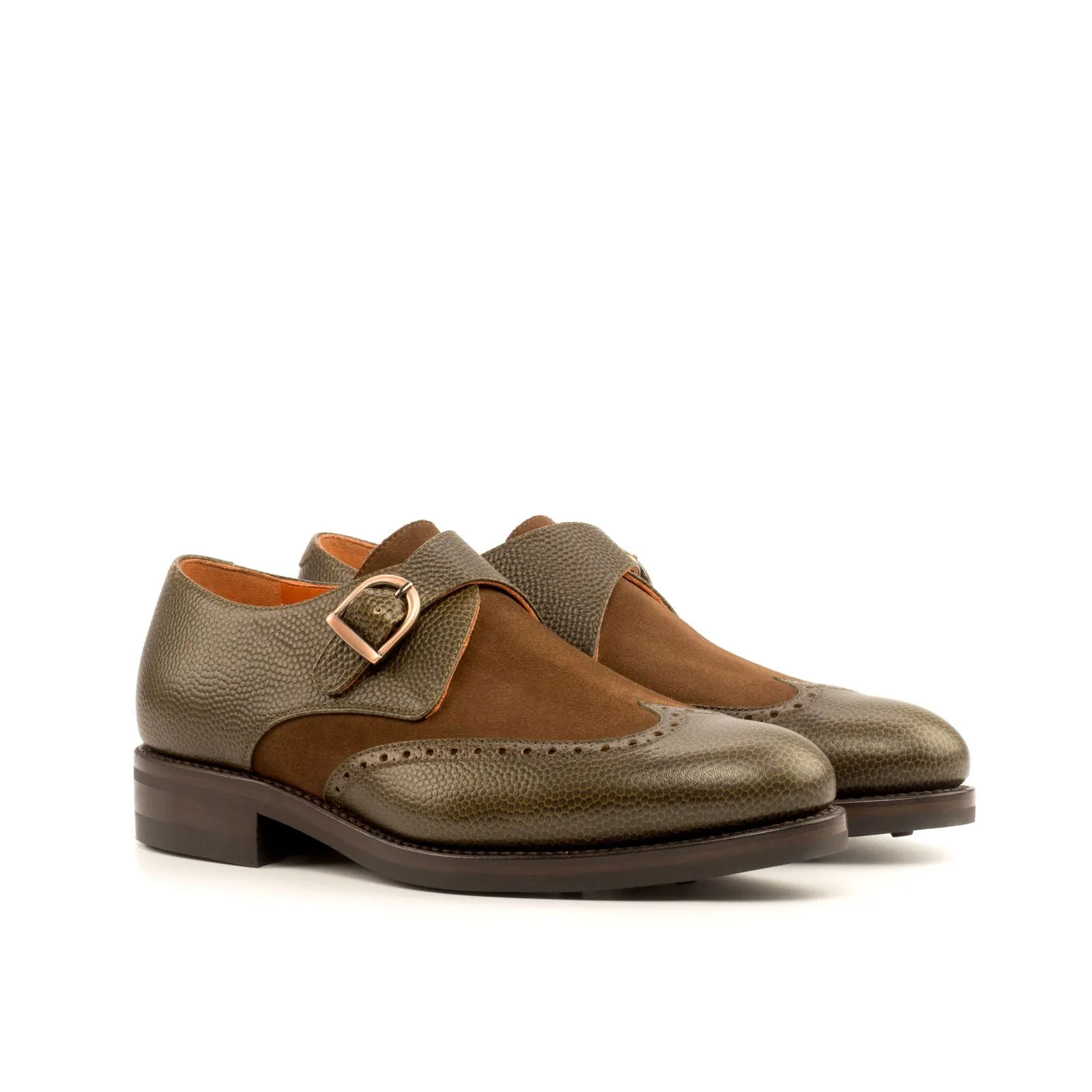 Men's Single Monk Leather Shoes Goodyear Welt Wide Plus Size Brown Green 4022