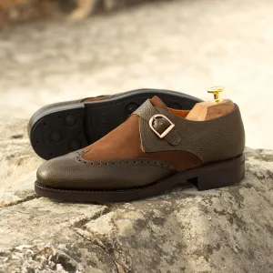 Men's Single Monk Leather Shoes Goodyear Welt Wide Plus Size Brown Green 4022