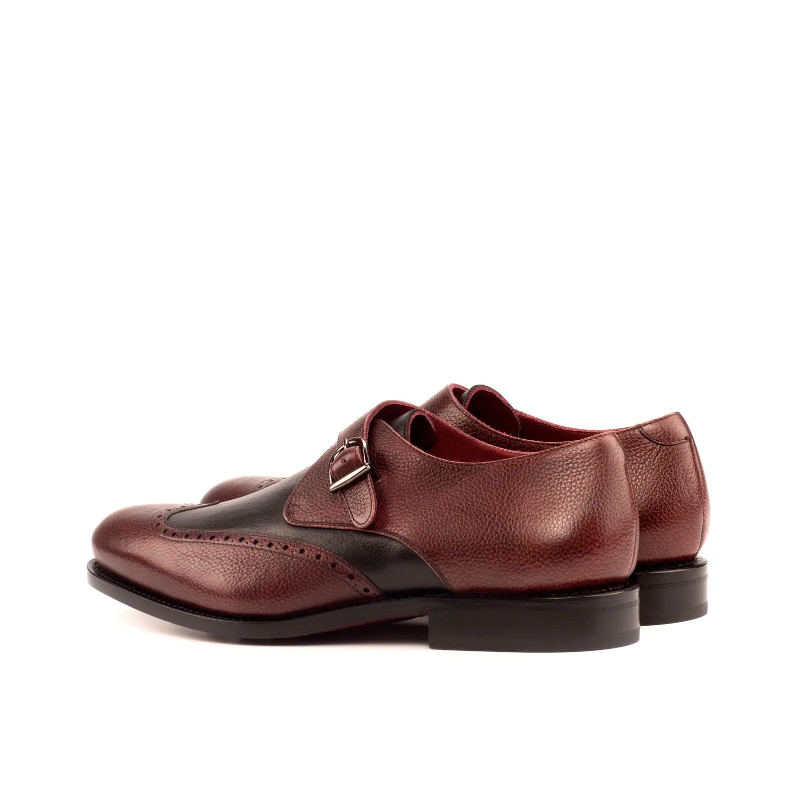 Men's Single Monk Leather Shoes Goodyear Welt Wide Plus Size Burgundy Black 3744