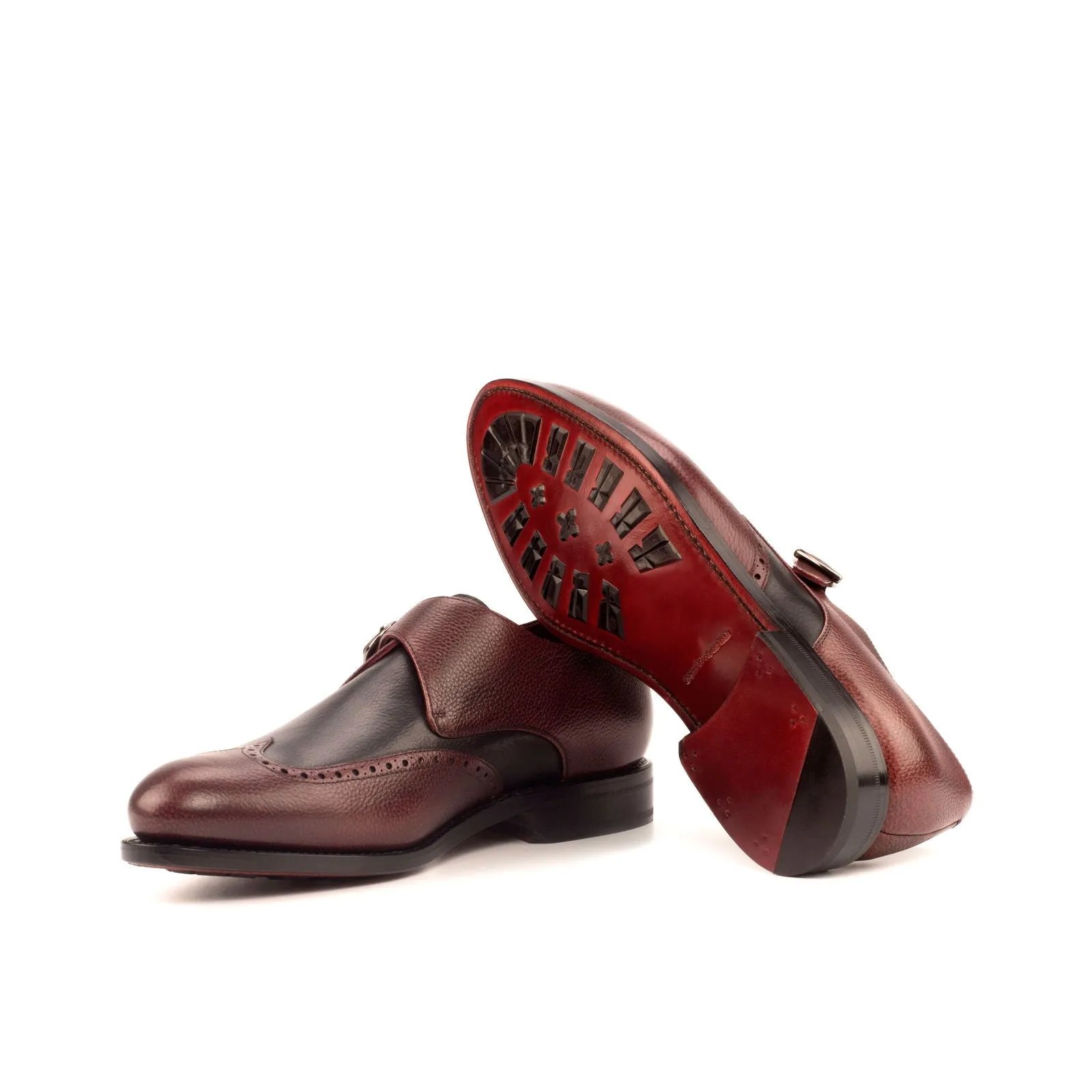 Men's Single Monk Leather Shoes Goodyear Welt Wide Plus Size Burgundy Black 3744