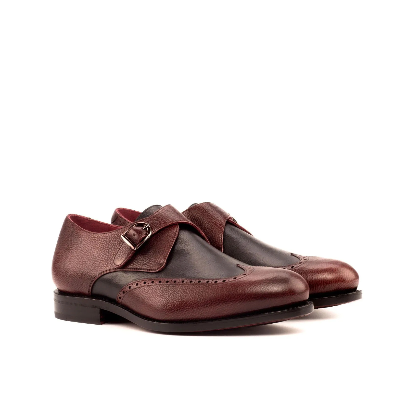 Men's Single Monk Leather Shoes Goodyear Welt Wide Plus Size Burgundy Black 3744