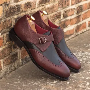 Men's Single Monk Leather Shoes Goodyear Welt Wide Plus Size Burgundy Black 3744