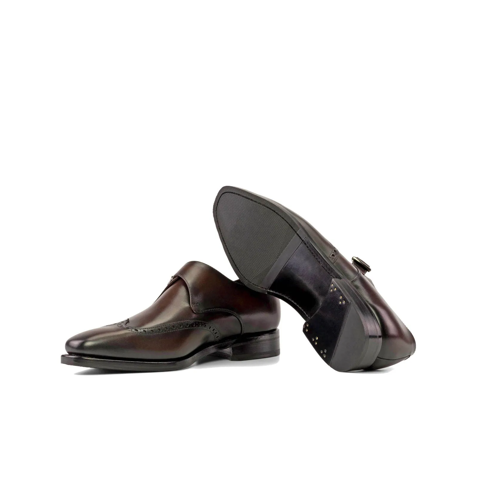 Men's Single Monk Leather Shoes Goodyear Welt Wide Plus Size Dark Brown 5321