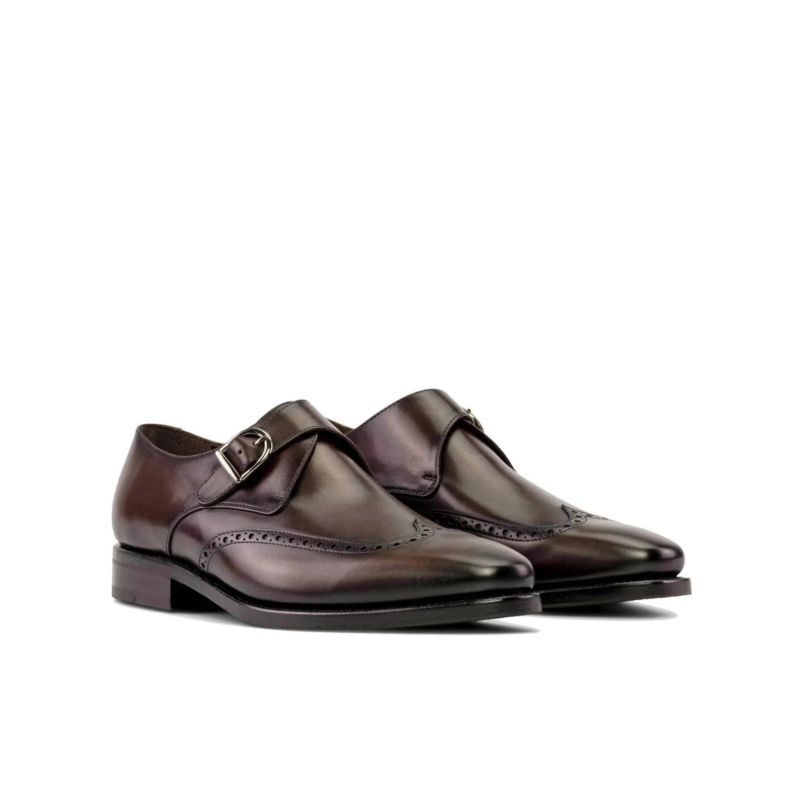 Men's Single Monk Leather Shoes Goodyear Welt Wide Plus Size Dark Brown 5321