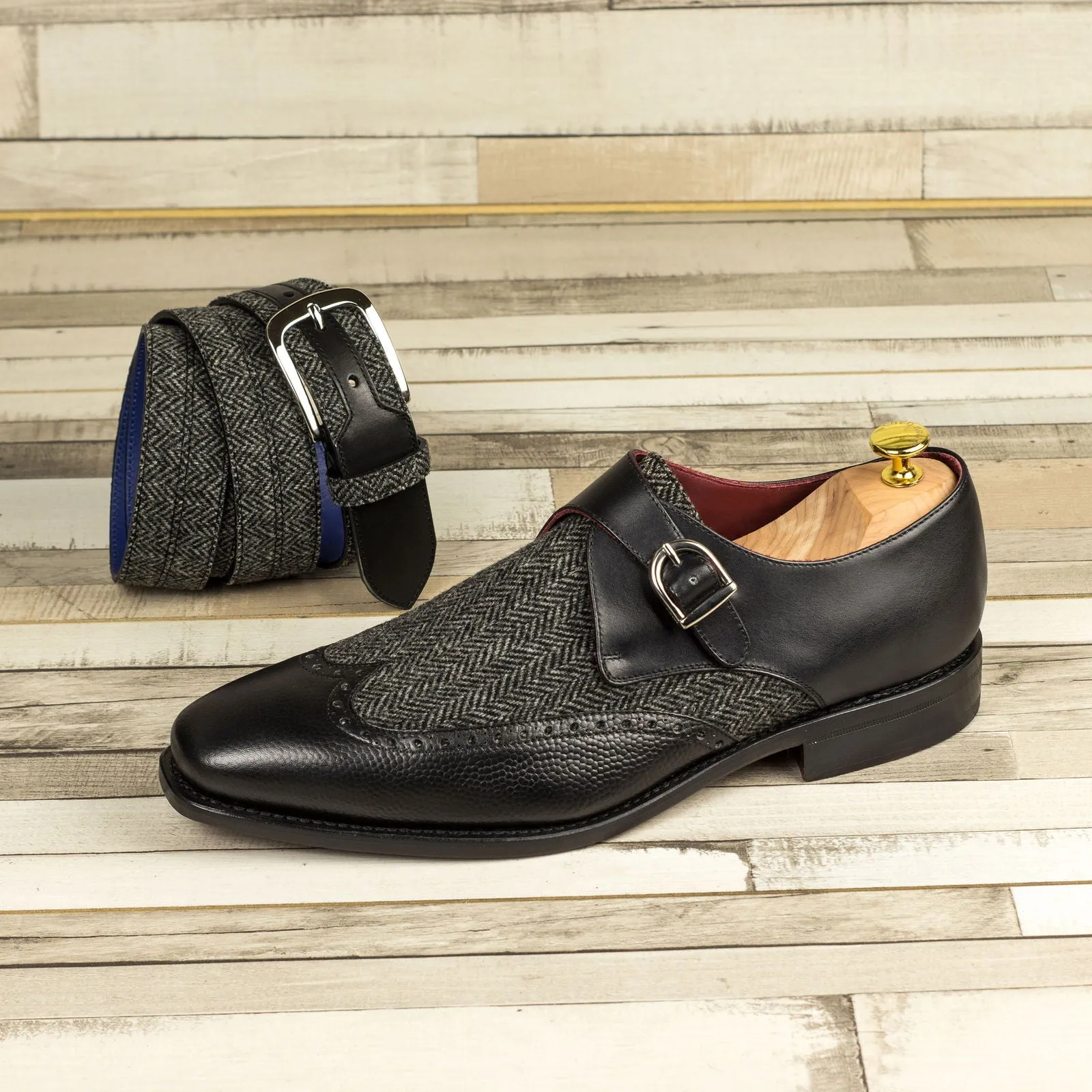 Men's Single Monk Leather Shoes Goodyear Welt Wide Plus Size Grey Black 4578