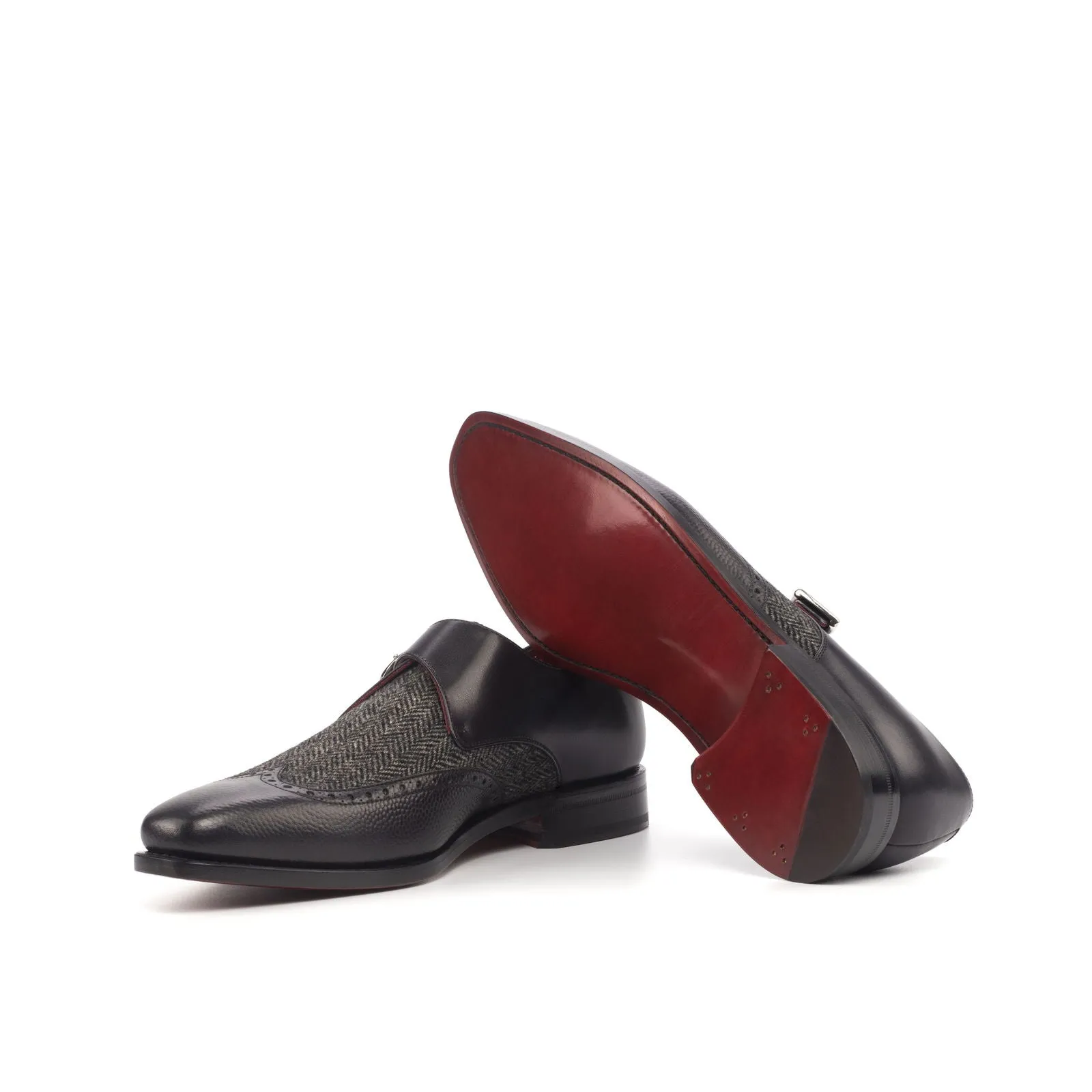 Men's Single Monk Leather Shoes Goodyear Welt Wide Plus Size Grey Black 4578