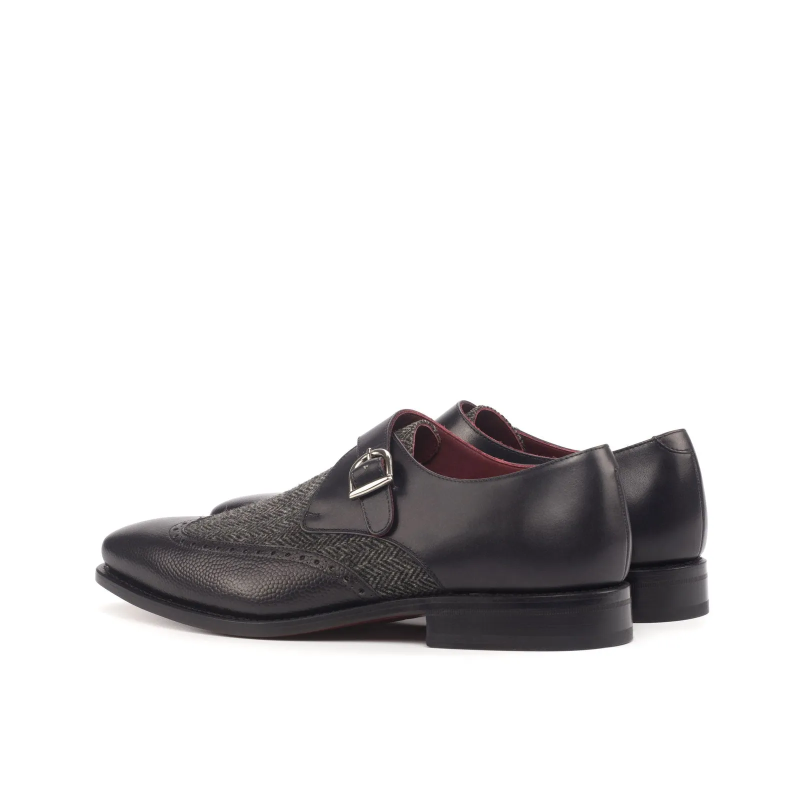 Men's Single Monk Leather Shoes Goodyear Welt Wide Plus Size Grey Black 4578