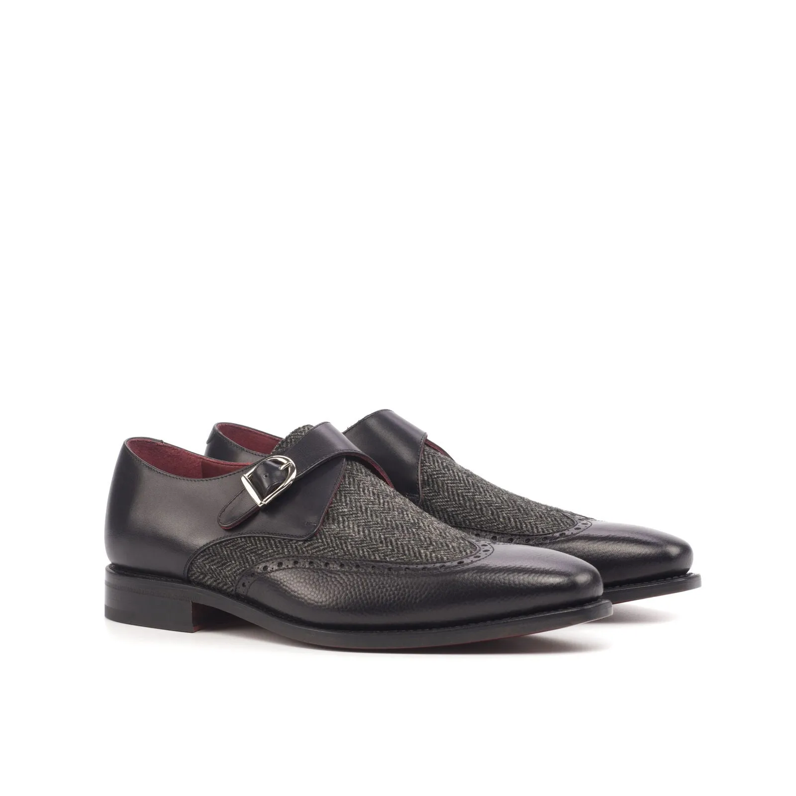Men's Single Monk Leather Shoes Goodyear Welt Wide Plus Size Grey Black 4578