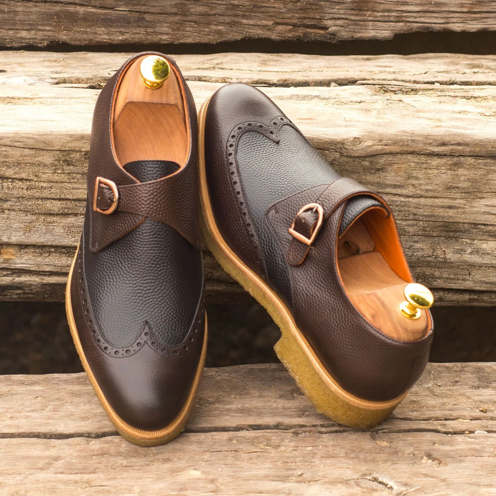 Men's Single Monk Leather Shoes Wide Plus Size Black Dark Brown 3793
