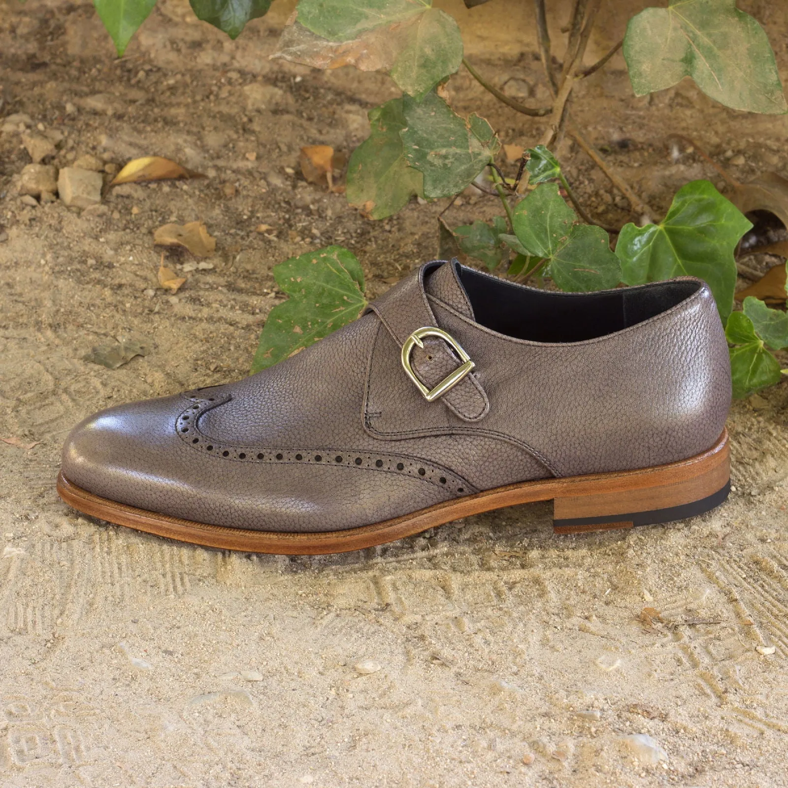 Men's Single Monk Leather Shoes Wide Plus Size Grey 2478