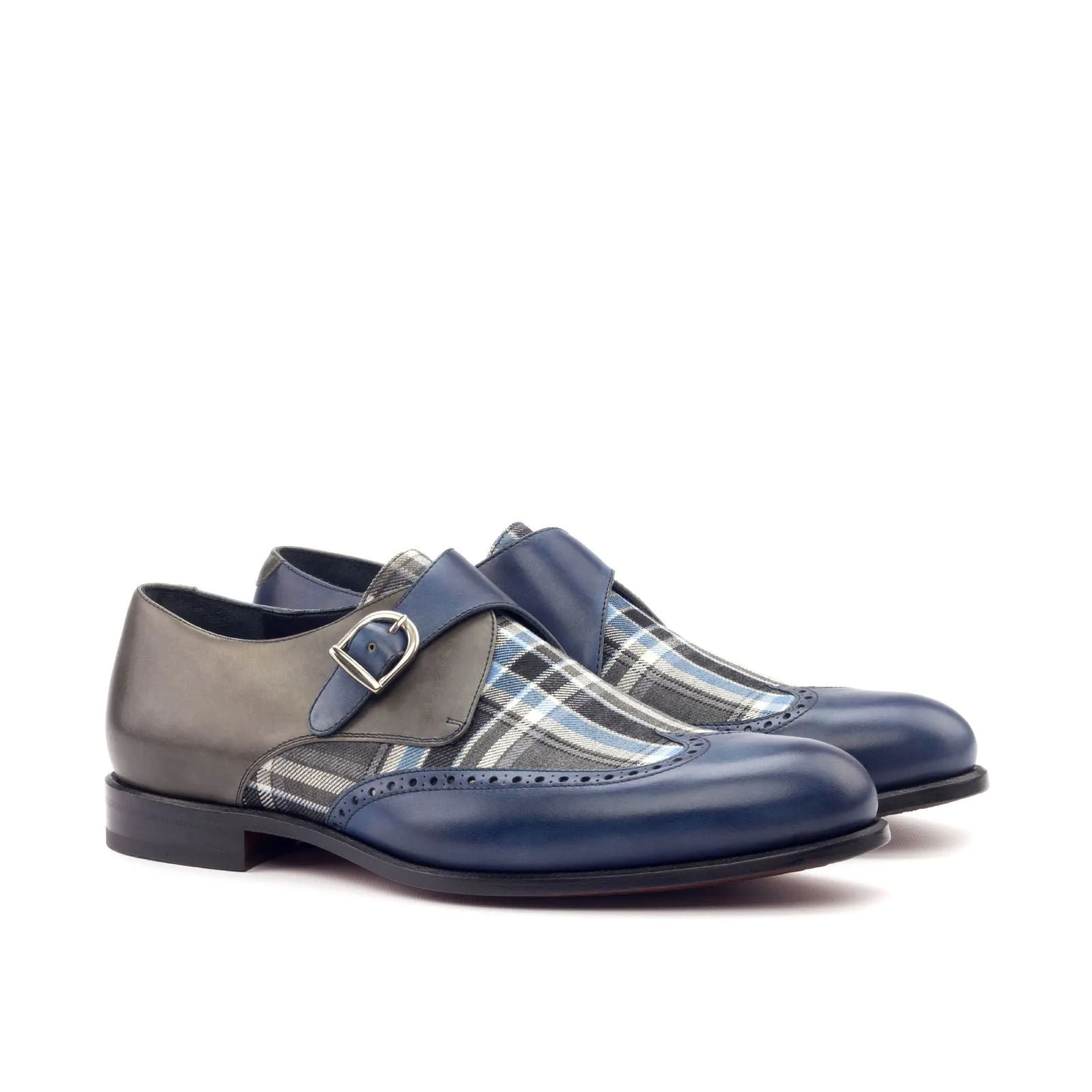 Men's Single Monk Leather Shoes Wide Plus Size Grey Blue 3003