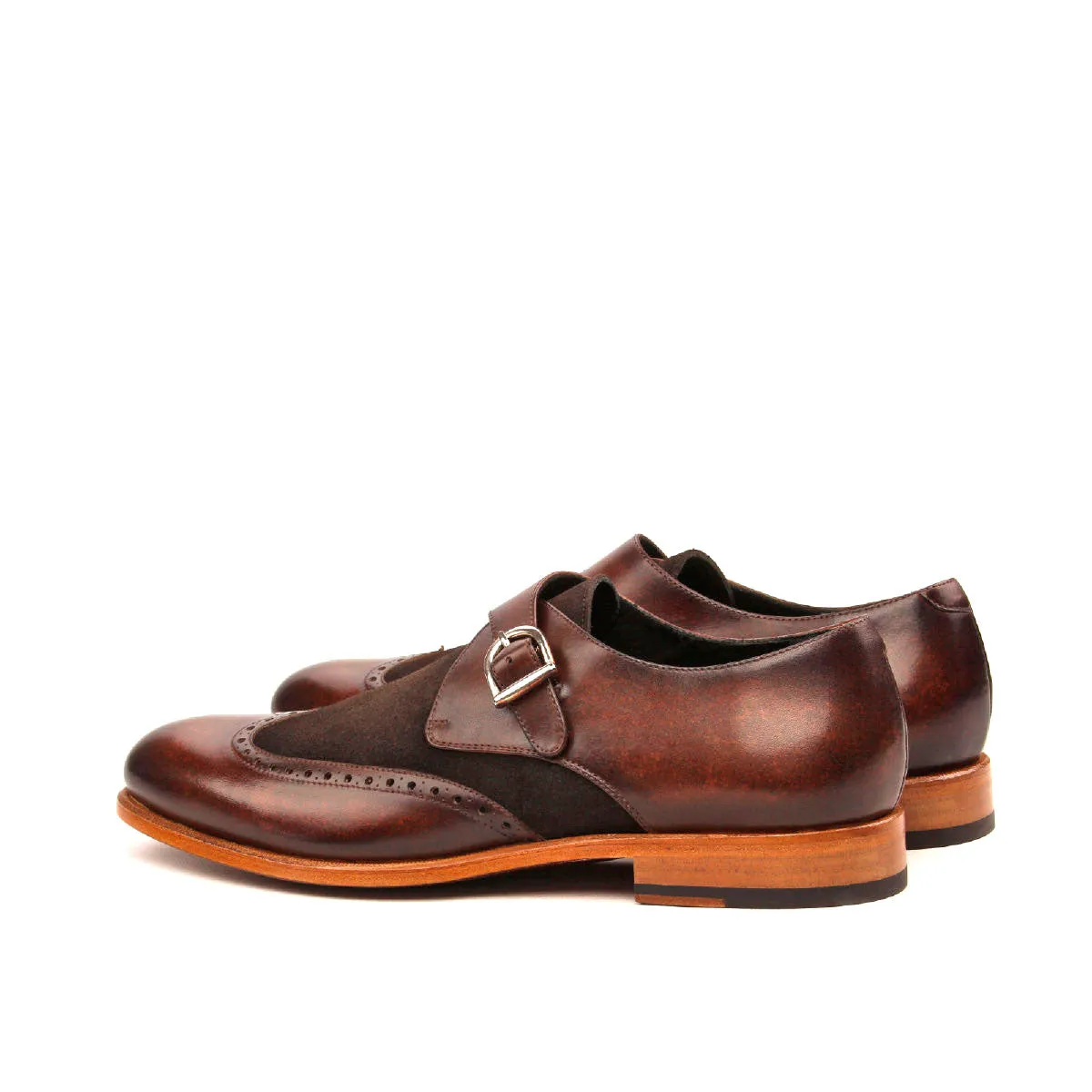 Men's Single Monk Shoes Patina Leather Wide Plus Size Dark Brown 2441