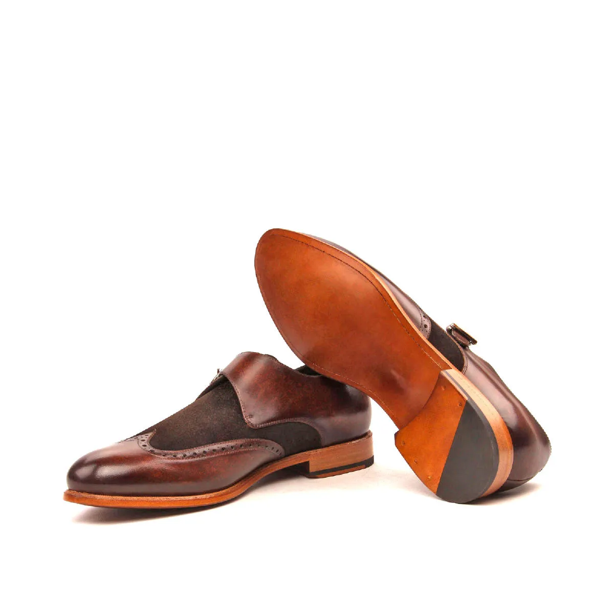 Men's Single Monk Shoes Patina Leather Wide Plus Size Dark Brown 2441