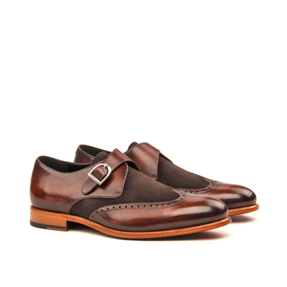 Men's Single Monk Shoes Patina Leather Wide Plus Size Dark Brown 2441