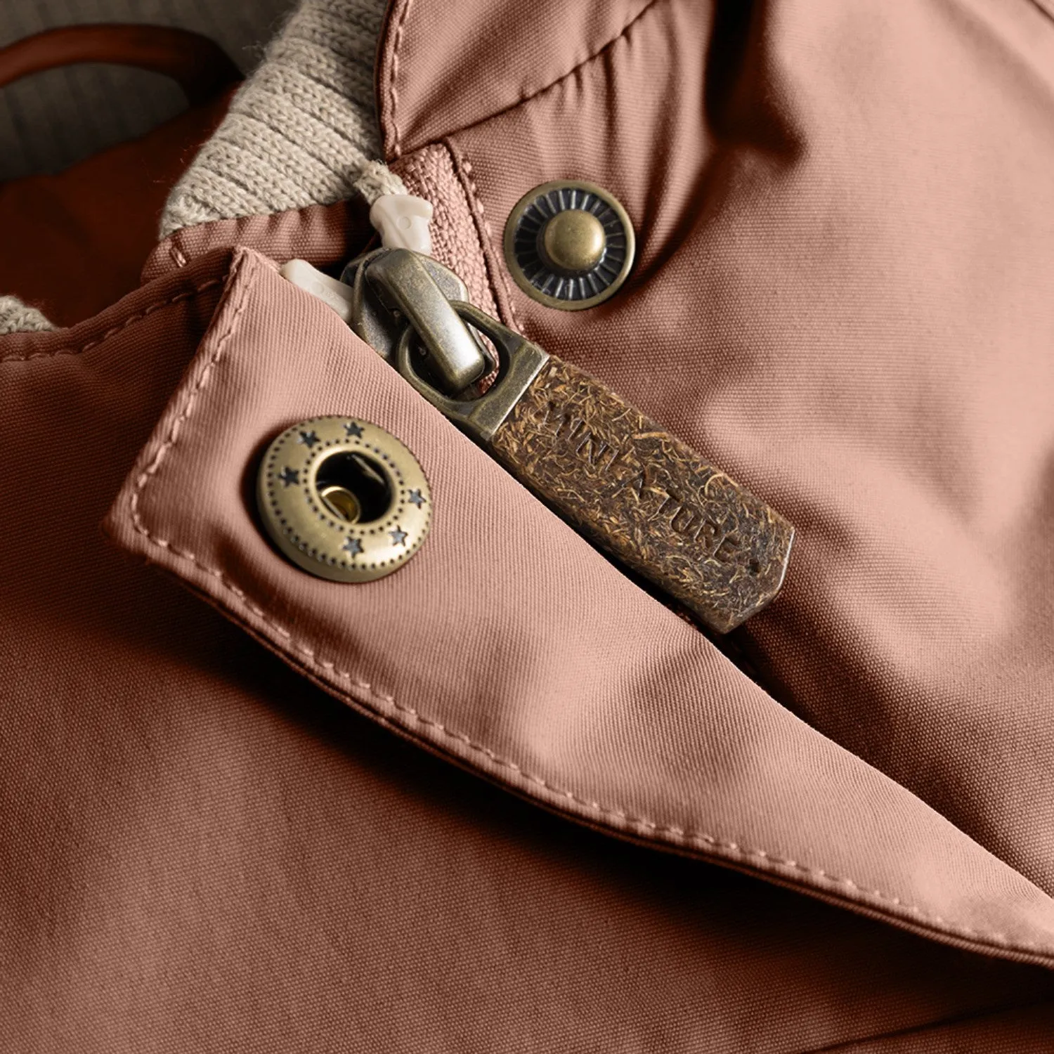 Mini A ture Rootbeer brown Wang Fleece Winter Jacket m. Fur Reflective Safety Trim Mild Day Outfit