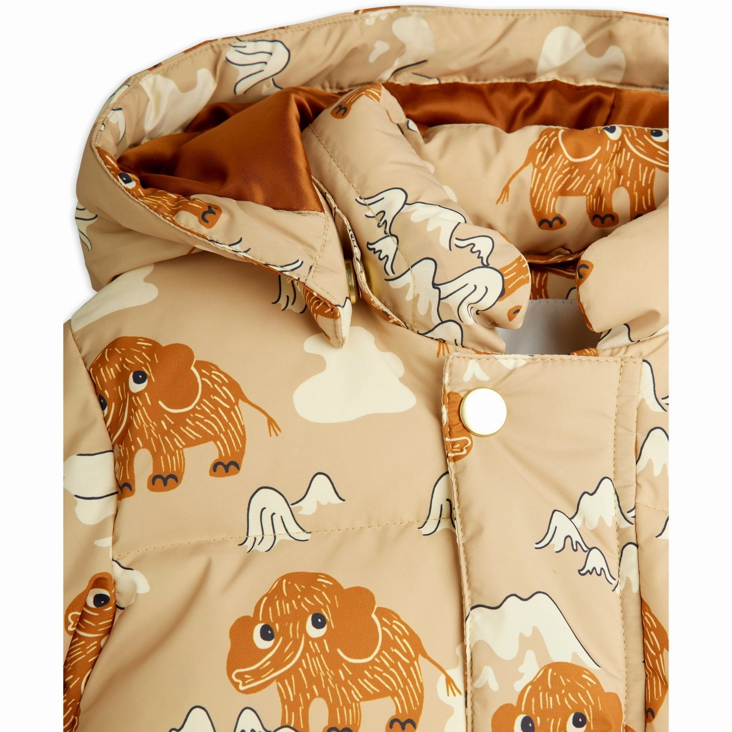 Mini Rodini Beige Mammoths AOP Hooded Puffer Clean Minimal Look Stretch Paneling