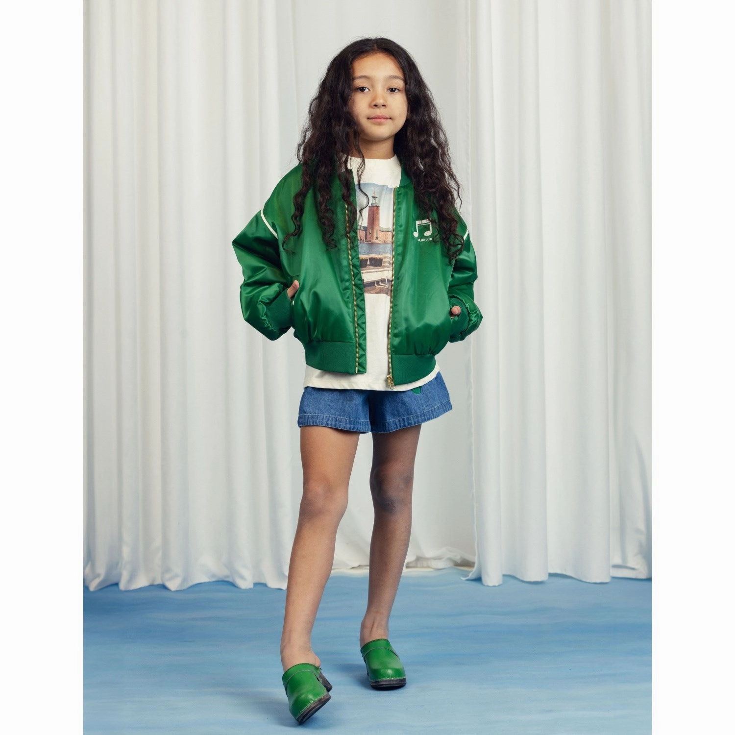 Anti Pilling Technology Mini Rodini Green Note Chenille Satin Baseball Jacket