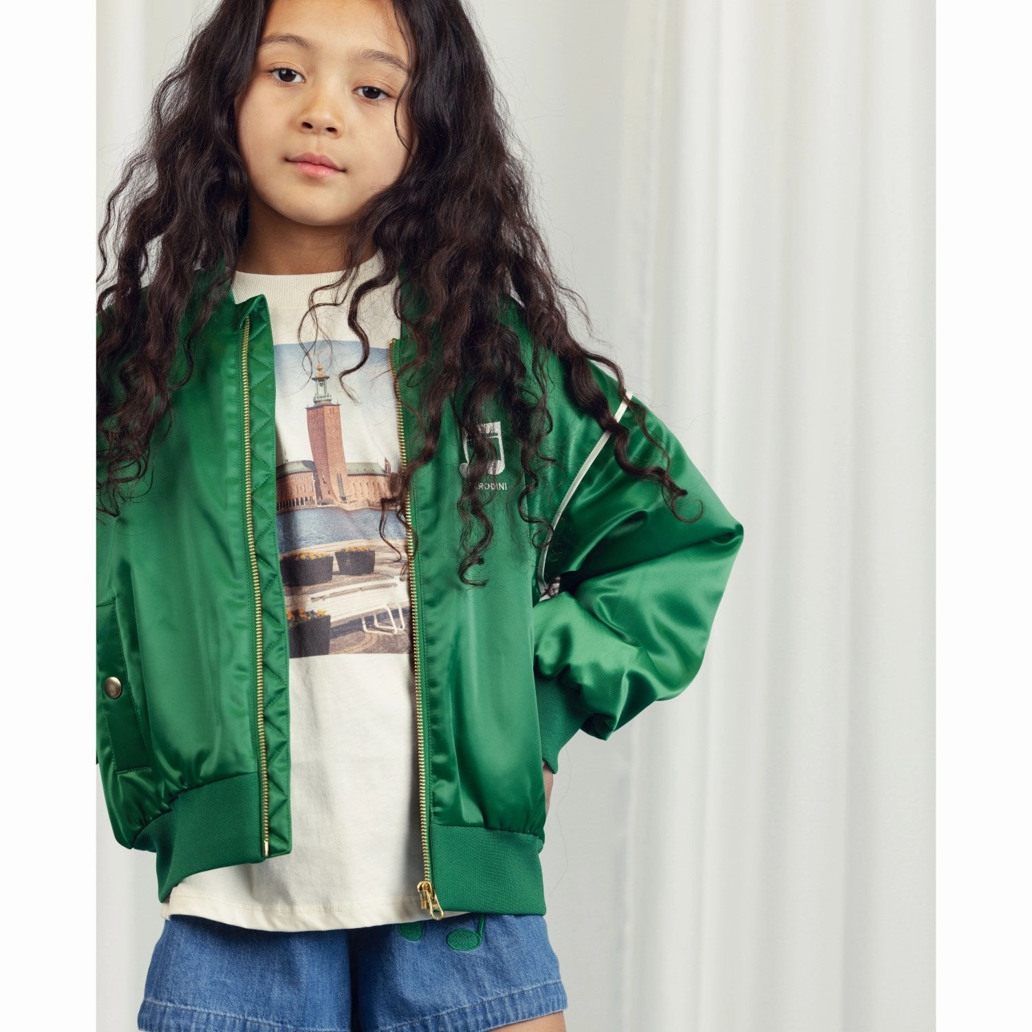 Mini Rodini Green Note Chenille Satin Baseball Jacket Insulated Core Technology
