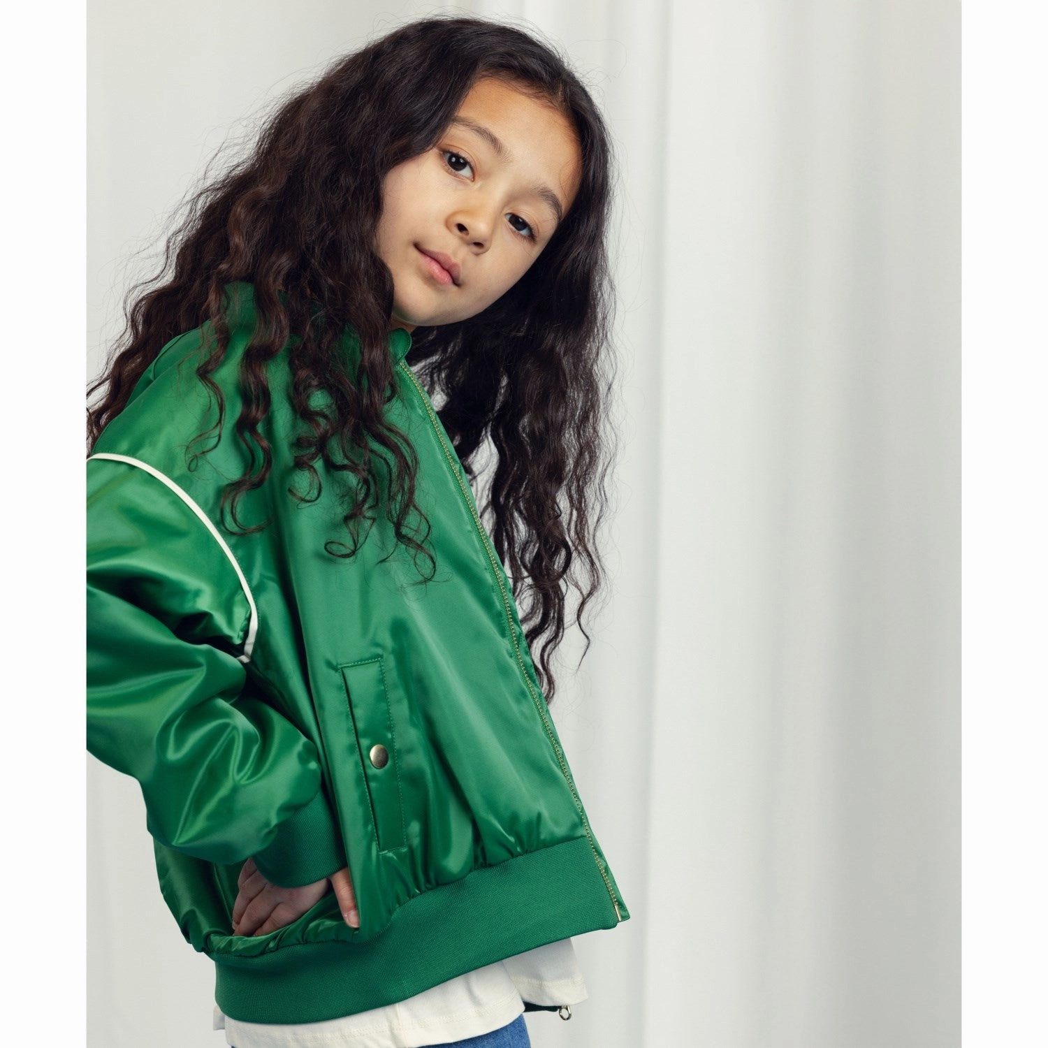 Mini Rodini Green Note Chenille Satin Baseball Jacket Functional Look Pocket Placement