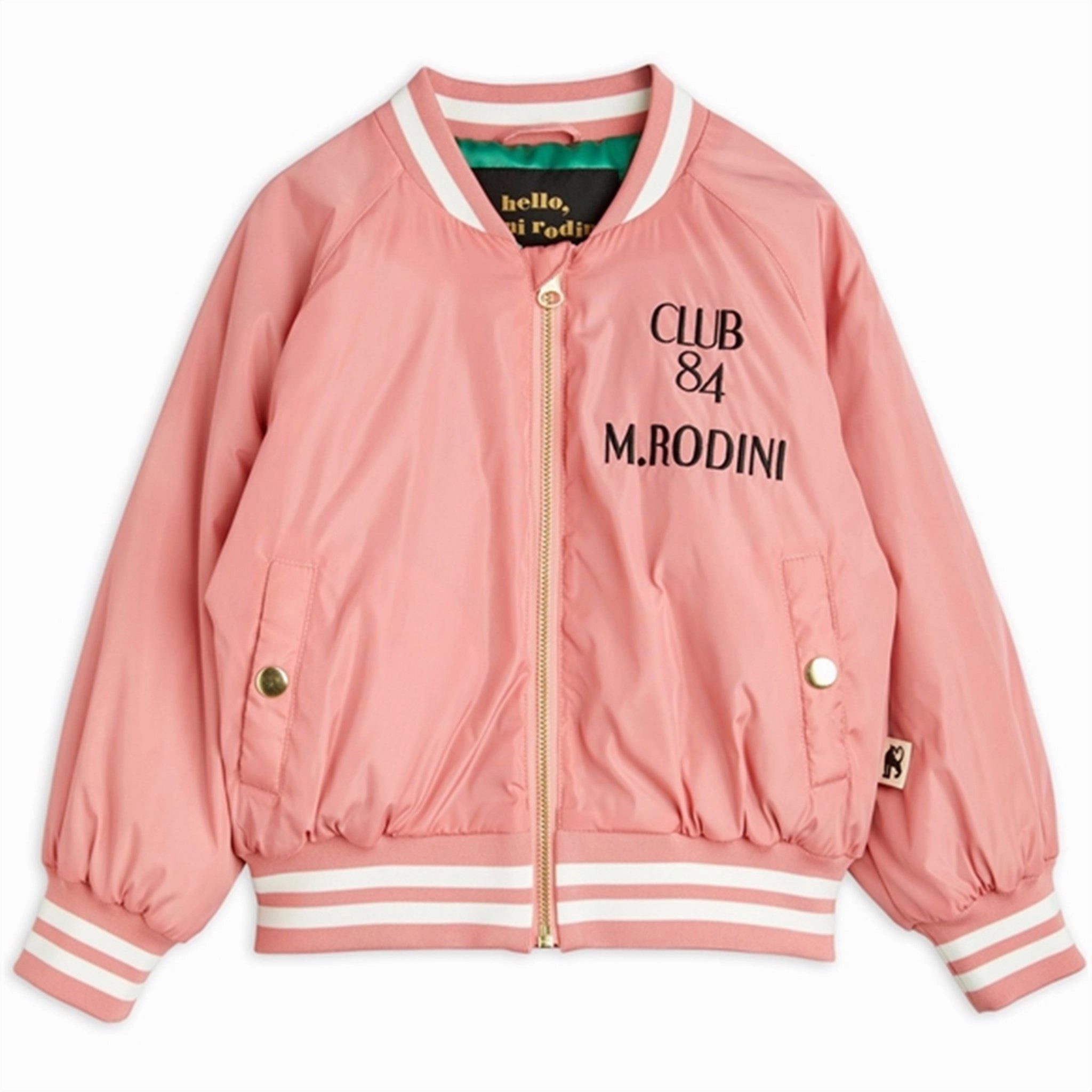 Modern Drop Tail Hem Mini Rodini Pigeons Woven Baseball Jacket Pink