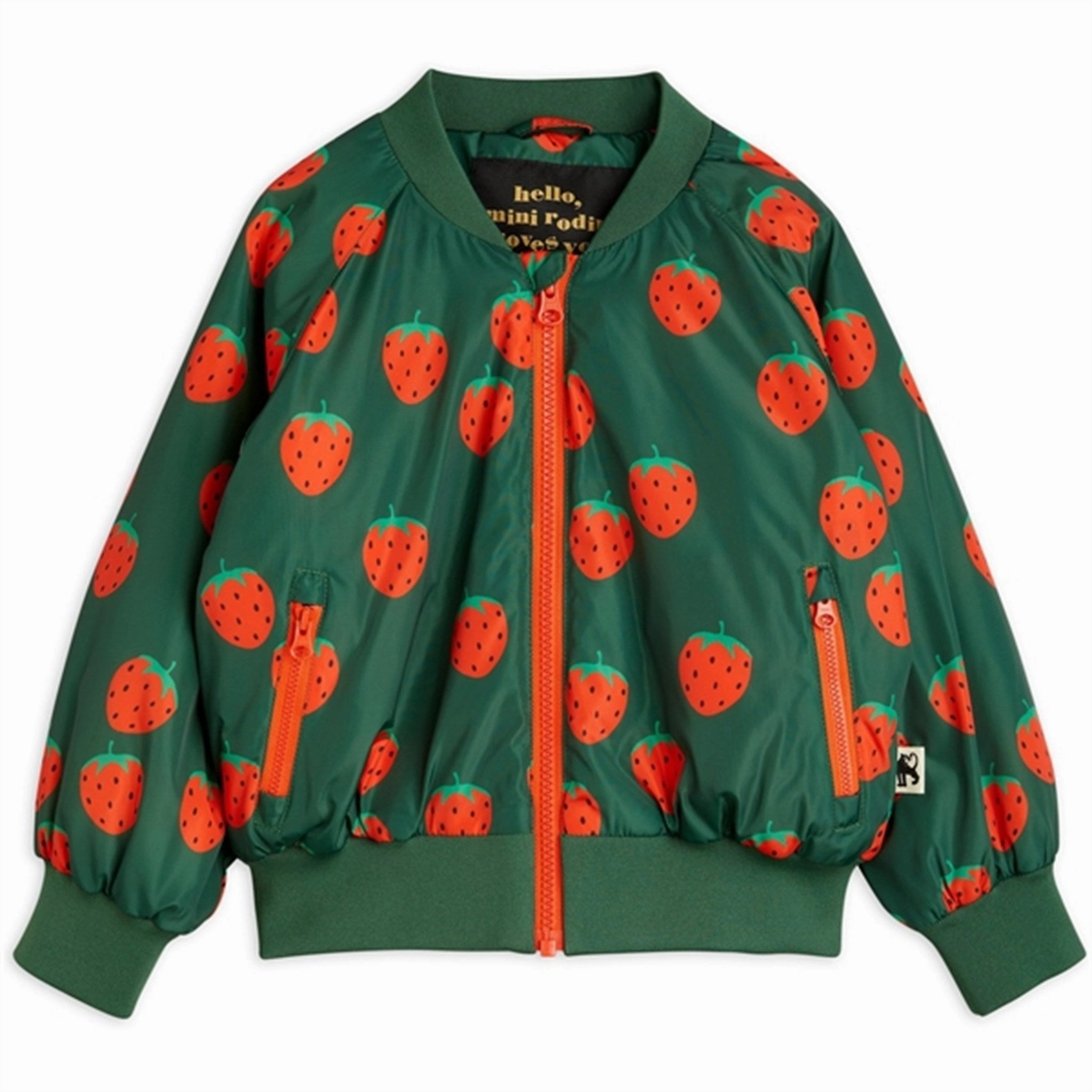 Mini Rodini Strawberries Aop Woven Baseball Jacket Green Microfiber texture Anti Glare Trim