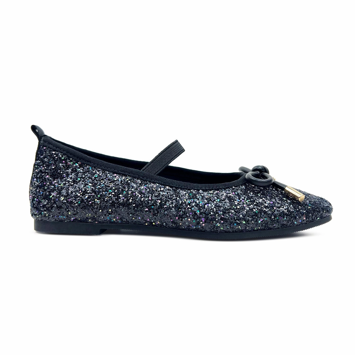 Miss Emma Flat in Black Glitter - Kids Durable Outsole