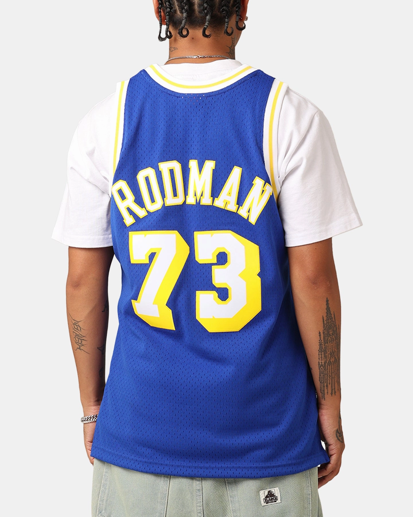 Eco Friendly Blend Mitchell & Ness Los Angeles Lakers Dennis Rodman '98-99 College Twist Swing Jersey Blue/Yellow