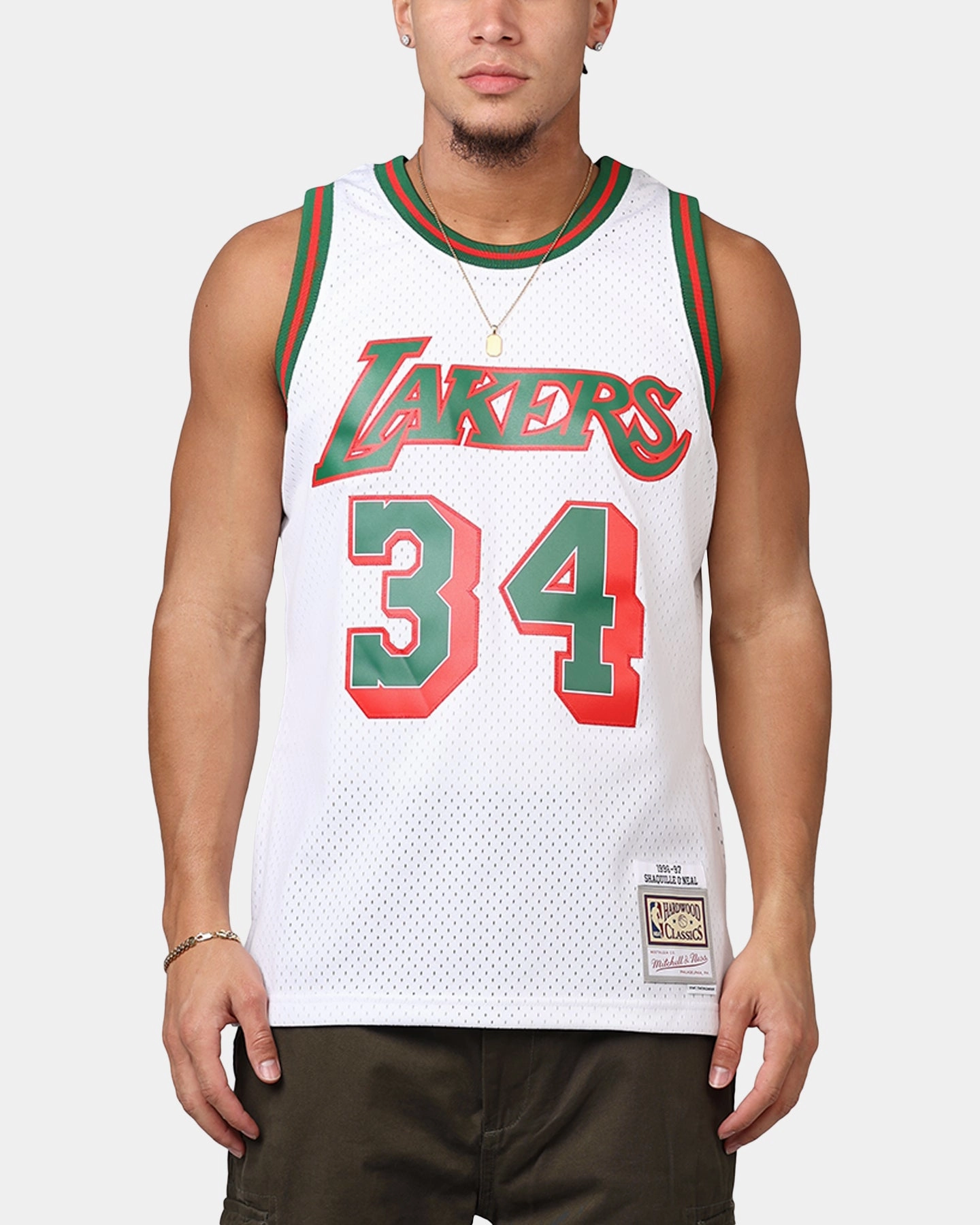 Reinforced Hem Structure Low Bulk Texture Mitchell & Ness Los Angeles Lakers Shaquille O'Neal 'Viva Mexico' '96-97 Swing Jersey White/Green