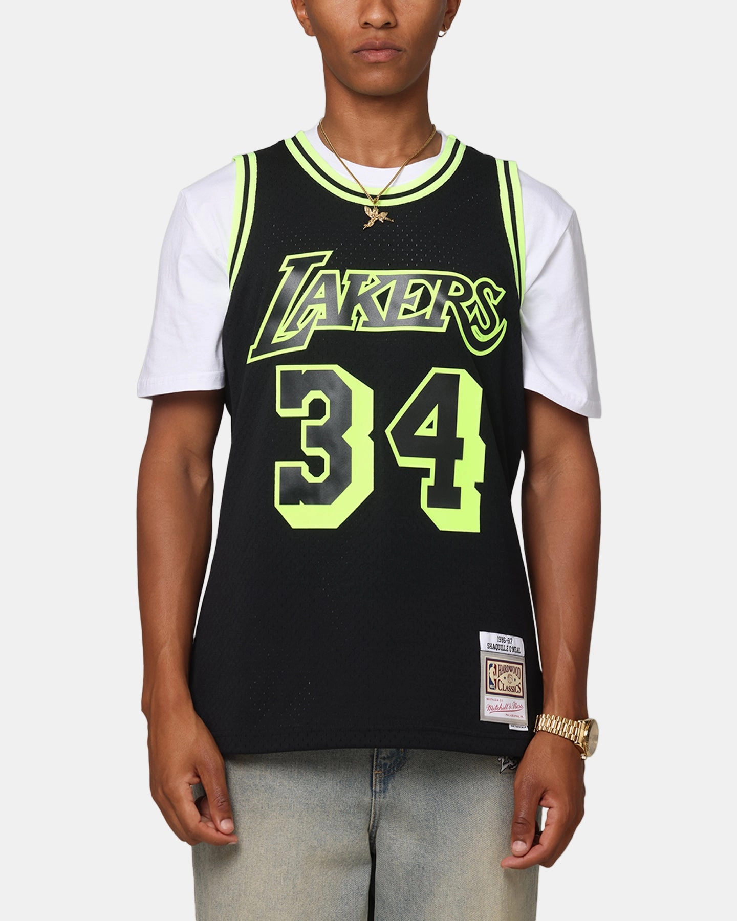 Reflective Detailing Mitchell & Ness Los Angeles Lakers Shaquille O'Neal 'Volt' 1996 Swing Jersey Black/Yellow