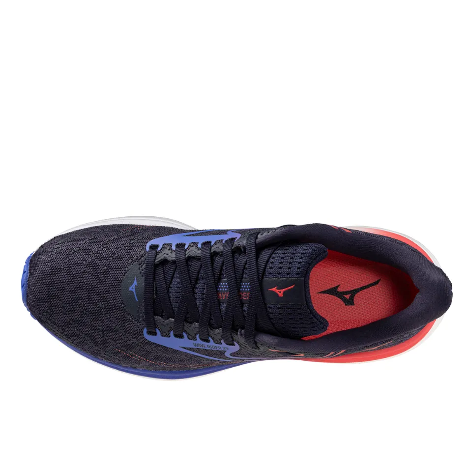 Mizuno Women's Wave Rider 29 Running Shoes in Odyssey Gray/Iris Bloom/Calypso Coral AW25 Comfortable Step Knit Upper Material