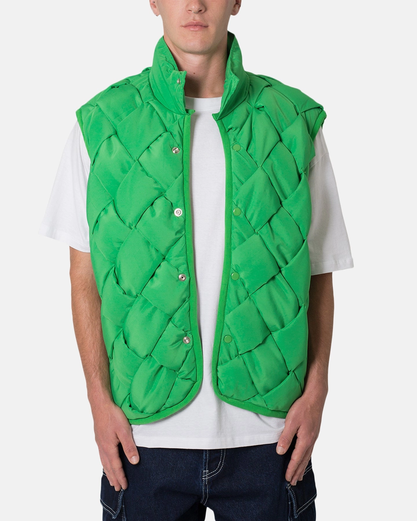 Hexagonal Quilted Pattern MNML Woven Puffer Vest Green